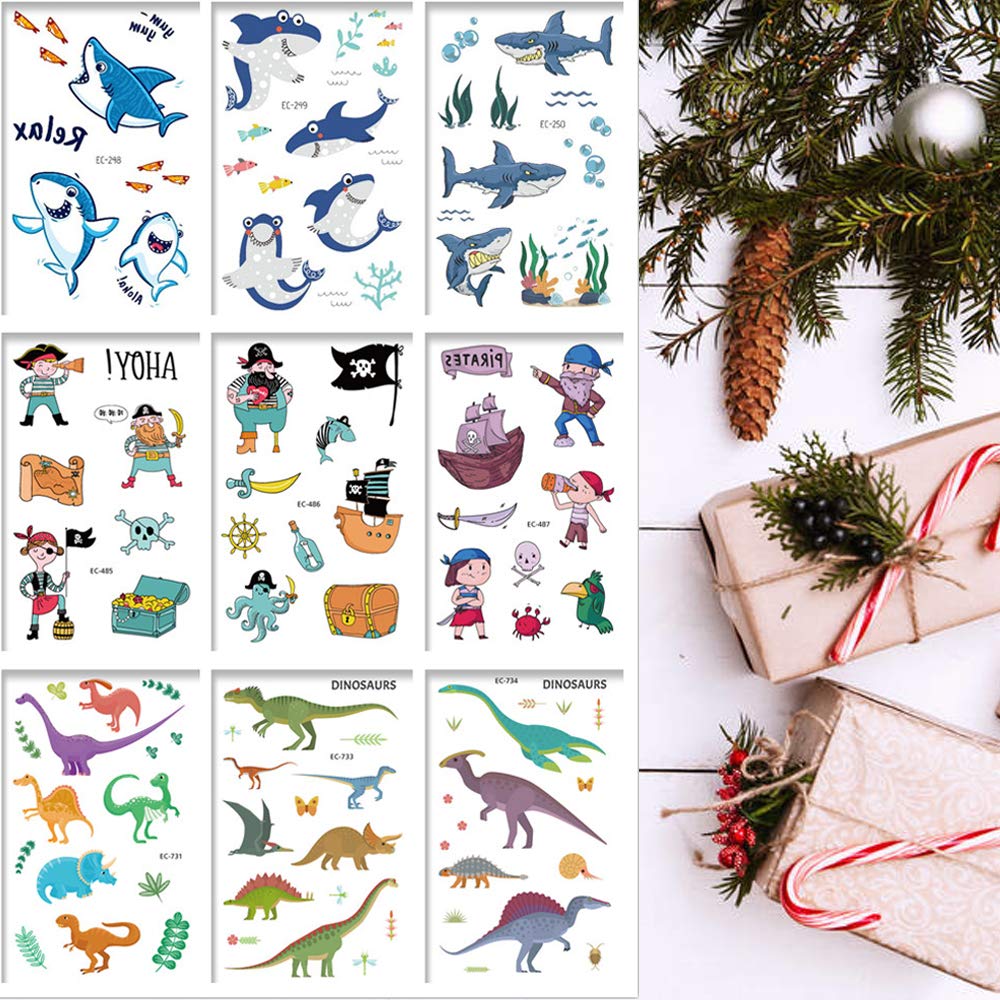 Dinosaur Temporary Tattoos for Kids - 9 Sheets Waterproof Fake Tattoos with Shark & Pirate Designs, Fun Body Art for Boys & Girls - Perfect for Birthday Gifts, Ocean Themed Parties, DIY Crafts & Costume Accessories | Great for Halloween, Summer Camp & Themed Events