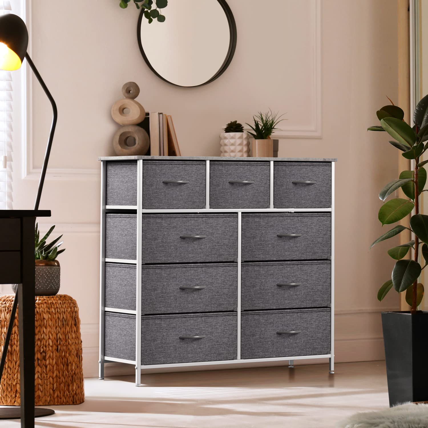 Sorbus 9-Drawer Dresser Organizer - Sturdy Steel Frame & Wood Top Storage Chest for Bedroom, Hallway, Closet & Office - Easy Pull Fabric Bins in Grey | Perfect for Small Space Organization & Home Decor