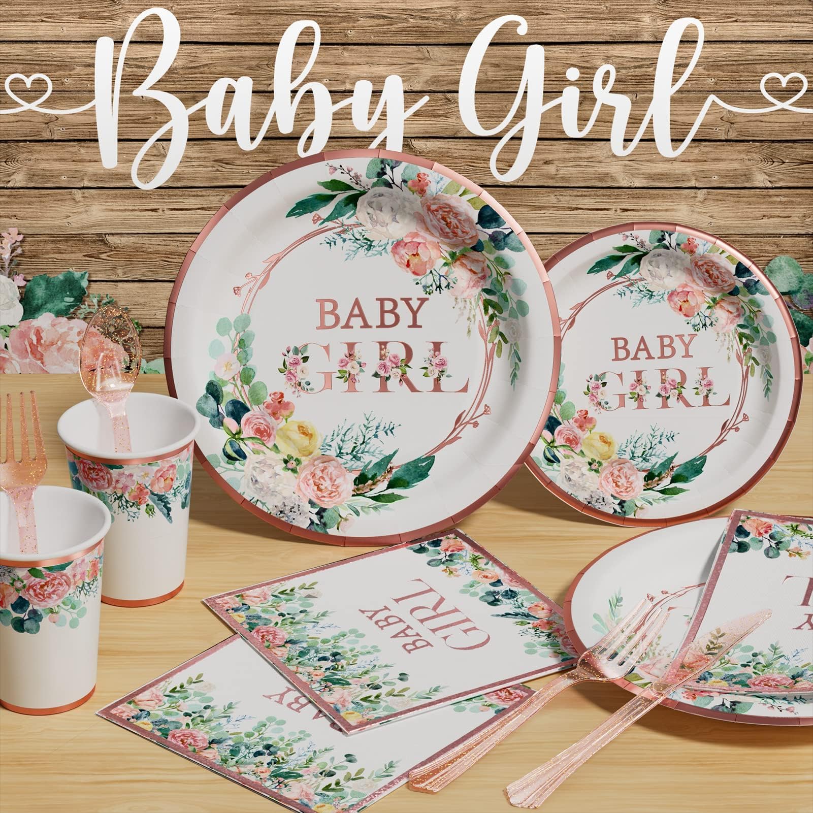 175PCS Floral Baby Shower Party Supplies Set - Rose Gold Disposable Dinnerware for Girls (25 Guests) | Includes Plates, Cups, Napkins, Forks, Knives & Spoons | Perfect for Baby Girl Birthday & Bridal Showers