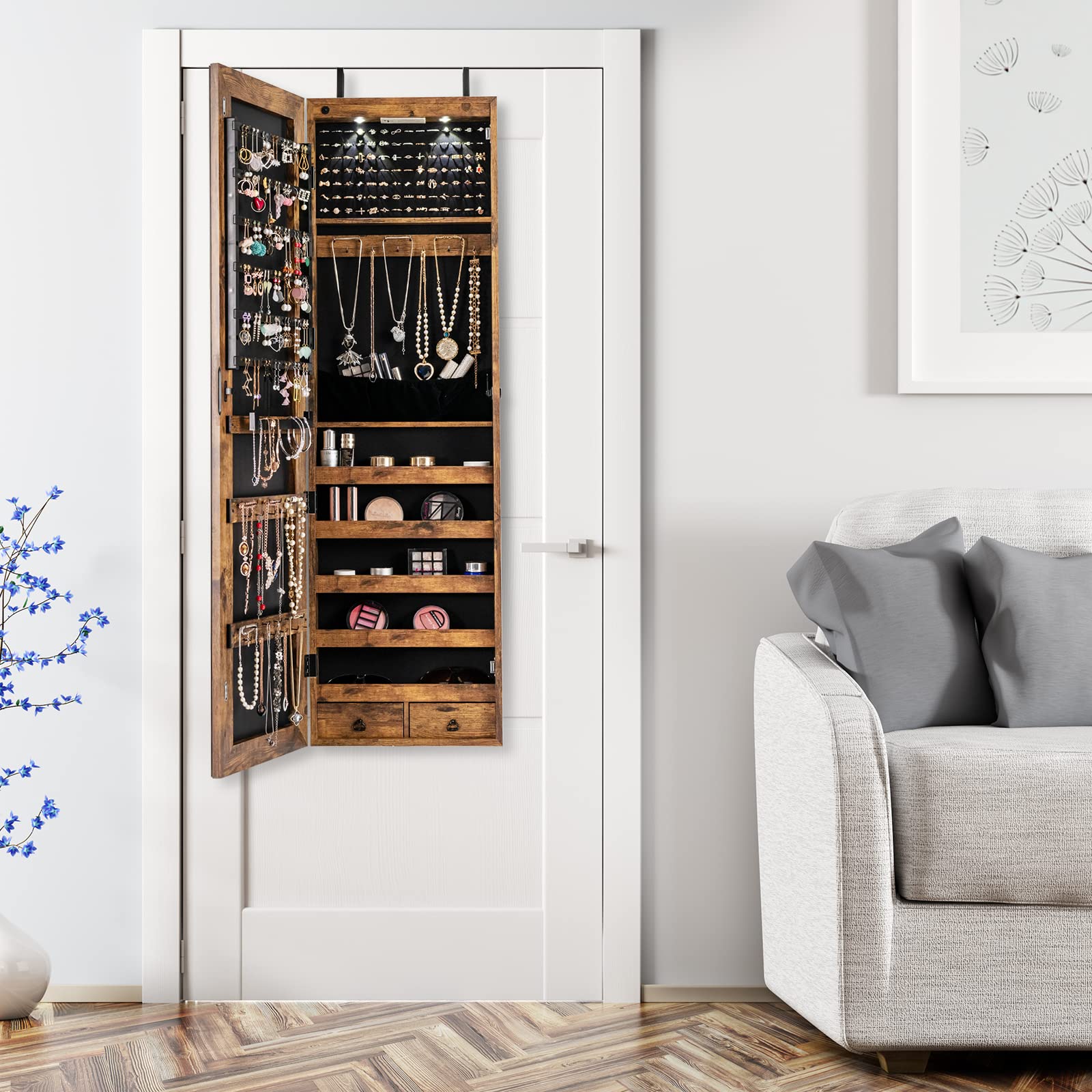 COSTWAY Hanging Jewelry Organizer with Full-Length Mirror & LED Lights - Wall Mount Jewelry Cabinet with Lock, Large Capacity Storage for Necklaces, Rings, Earrings - Perfect for Bedroom, Closet or Dressing Room (Rustic Brown)