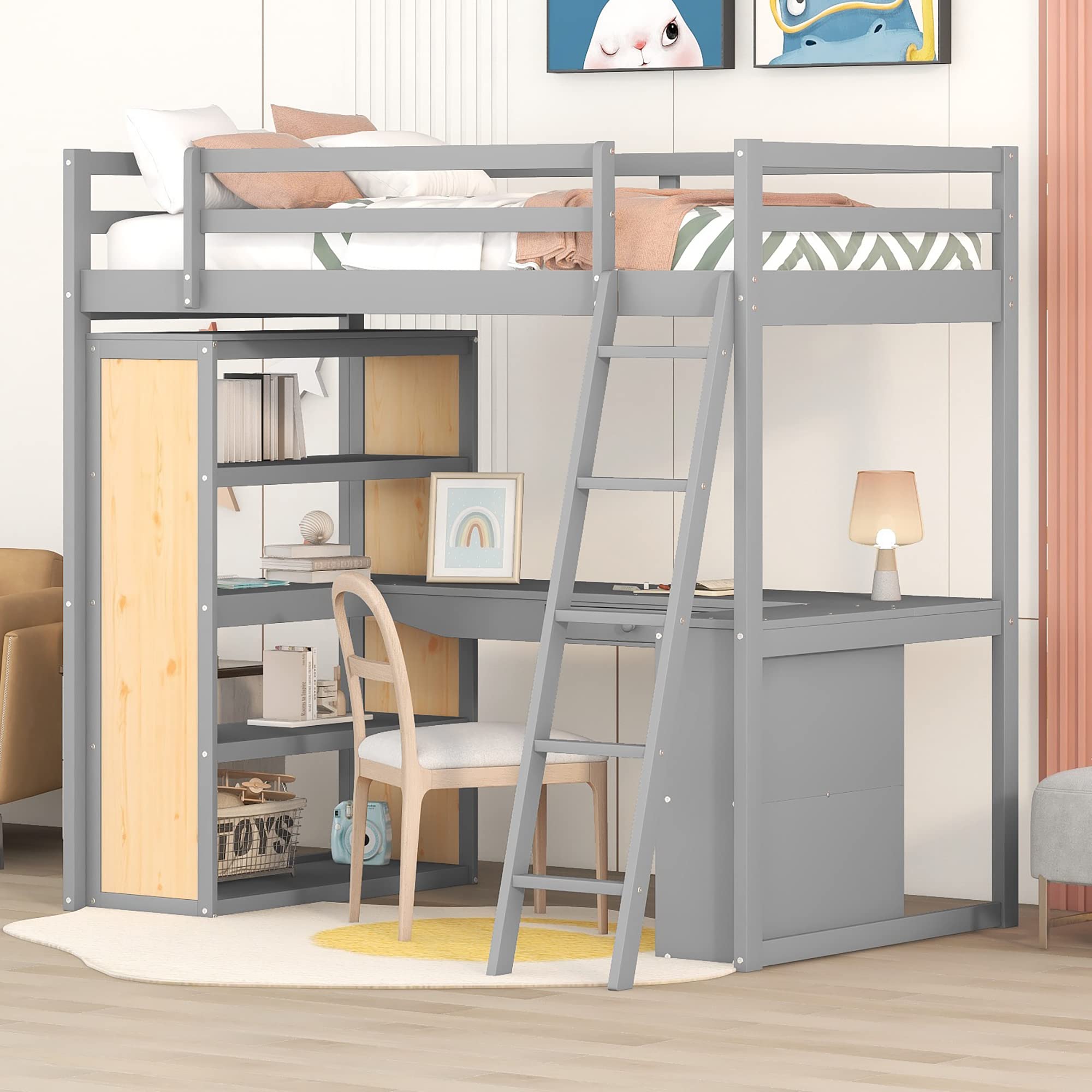 P PURLOVE Twin Size Wood Loft Bed with Desk & Storage Shelf for Kids - Sturdy High Loft Bed with Slat Support (No Box Spring Needed) - Perfect for Small Bedrooms, Dorm Rooms & Space-Saving Kids' Rooms