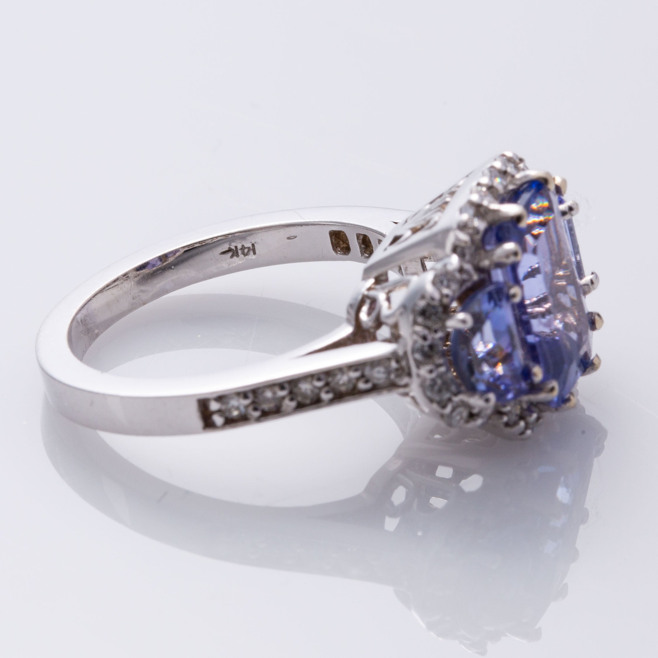 14K Gold Tanzanite and Diamond Three Stone Ring - 3.40ctw Tanzanite & 0.50ctw Diamonds - Size 6.75 - Elegant Engagement Ring, Anniversary Gift, or Special Occasion Jewelry