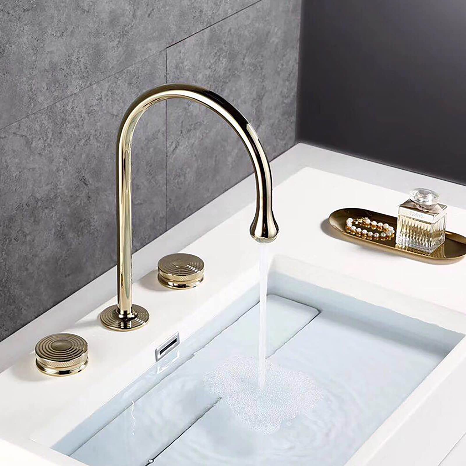 Rose Gold Double Handle 3-Hole Deck Mounted Bathroom Sink Faucet - Brass Vanity Basin Mixer Tap for Bathroom & Powder Room | Perfect for Modern Home Renovation and Luxury Bathroom Upgrade
