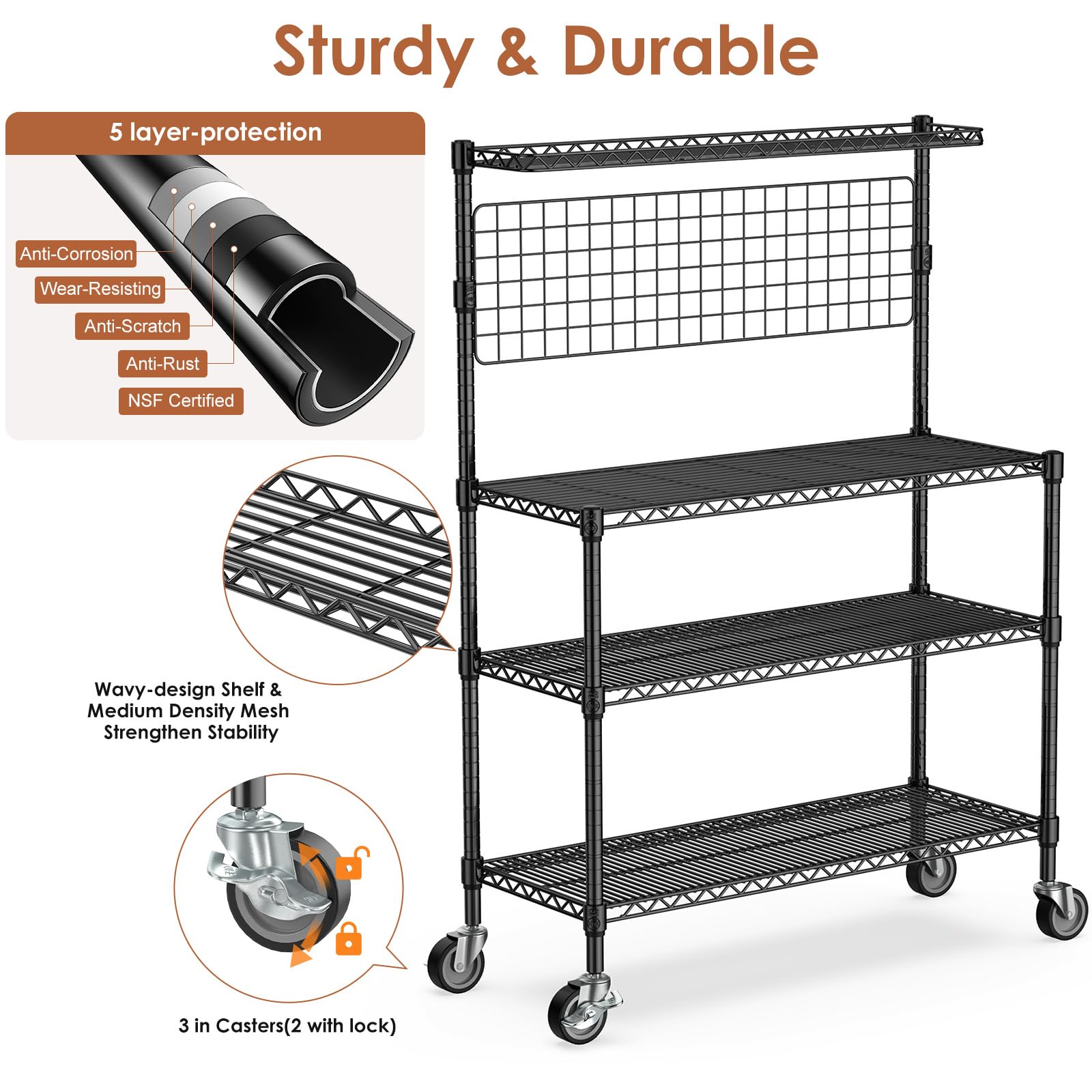 42 Inch Heavy Duty Bakers Rack with Storage & Wheels - 4-Tier Metal Kitchen Shelves, Microwave Stand & Utility Cart with 20 S-Hooks (42×18×63 Inch, Black) - Perfect for Commercial Kitchens, Bakeries, Restaurants & Home Cooking Spaces
