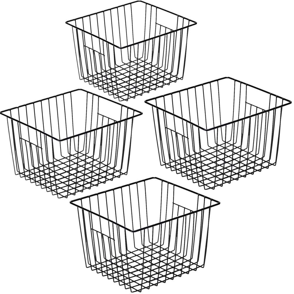 Slideep Refrigerator Freezer Organizer - 4 Pack Black Wire Storage Baskets with Handles for Kitchen, Pantry, Cabinet & Bathroom | Space-Saving Food Containers for Home, Car & Farmhouse Style Organization