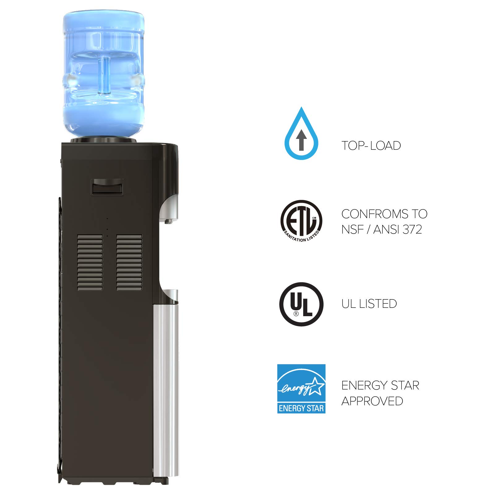 Brio Essential Series Top Loading Water Cooler Dispenser - 3 Temperature Settings, Child Safety Lock, 3/5 Gallon Bottle Capacity - UL & Energy Star Certified for Home & Office Use