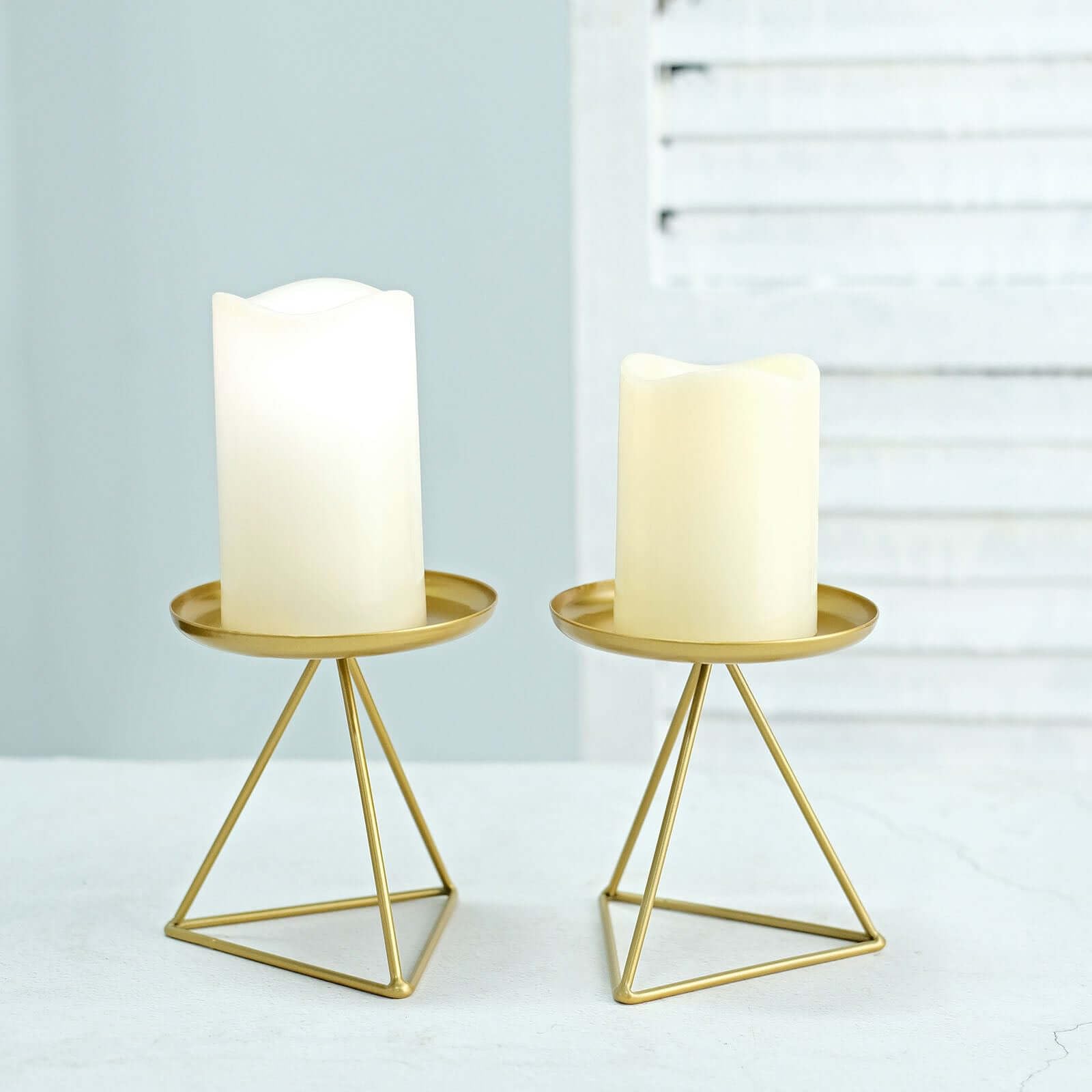 Efavormart 2 Pack 5 Inch Gold Metal Triangle Base Pillar Candle Holders - Geometric Candle Stands for Wedding Centerpieces, Table Decor, and Home Decoration
