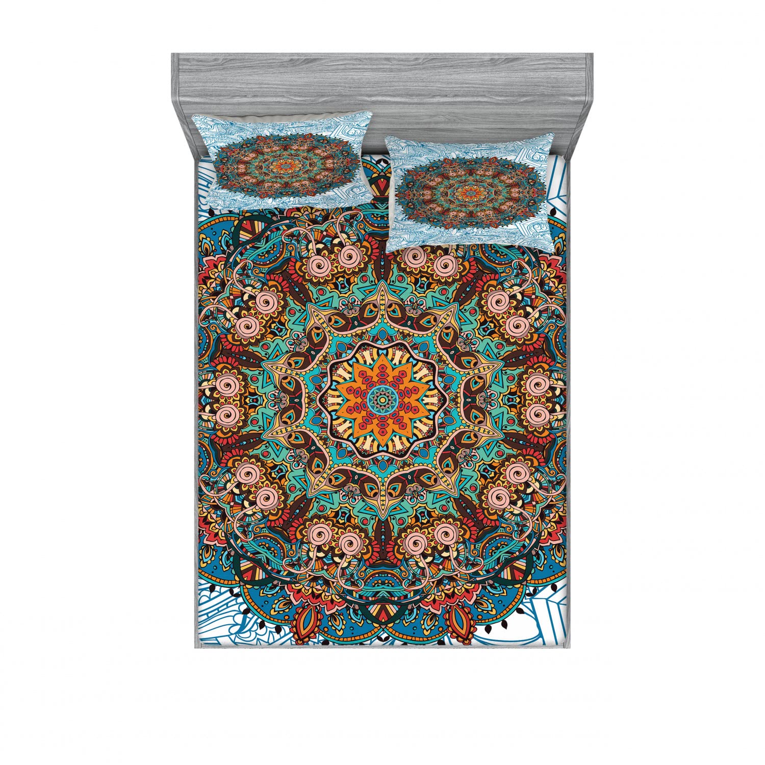 Ambesonne 2-Piece King Size Fitted Sheet Set with 4 Pillow Shams - Vibrant Mandala & Oriental Pattern Bedding Collection for Luxurious Home Decor | Perfect for Master Bedroom, Guest Room & Bohemian Style Interiors