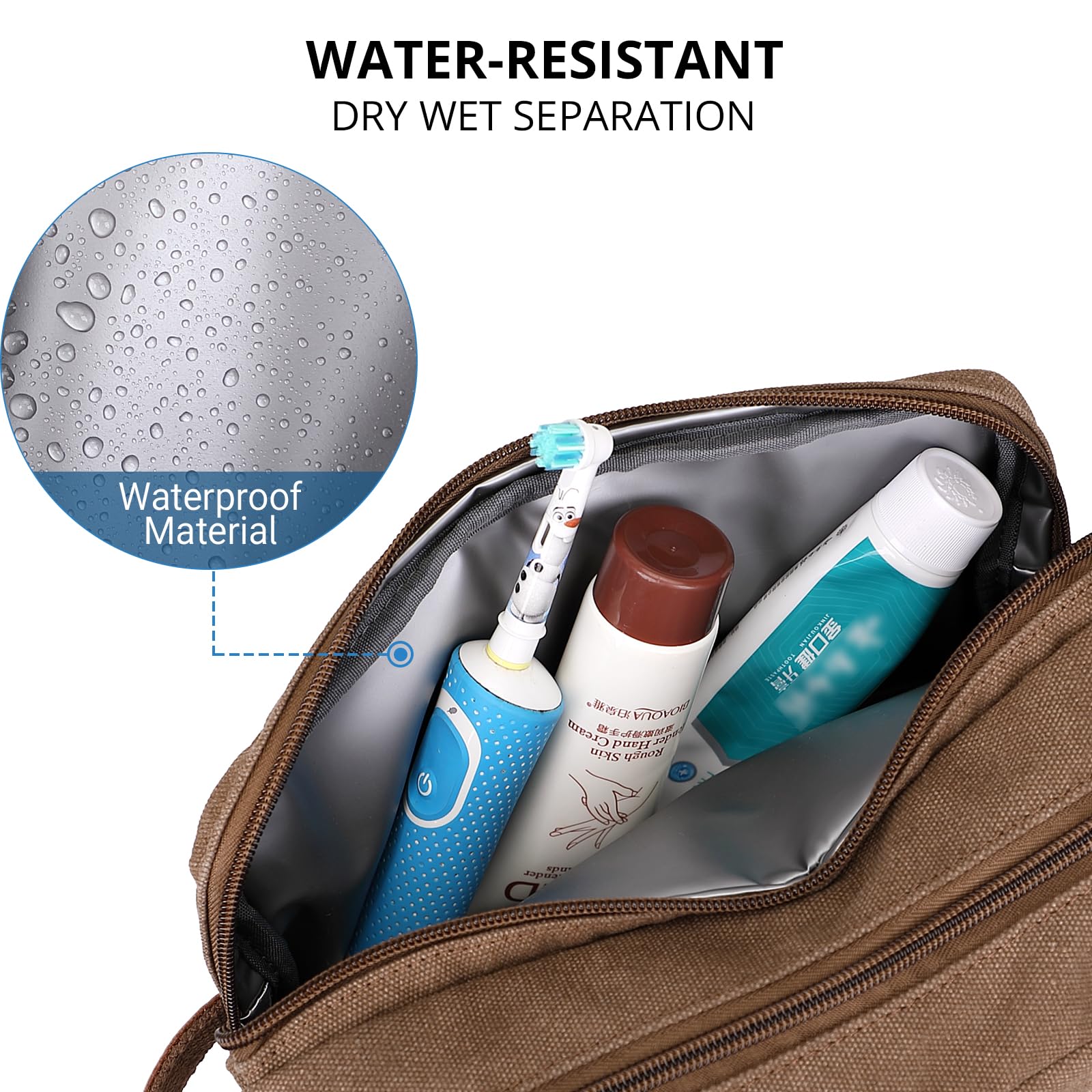 WITZMAN Water-Resistant Hanging Toiletry Bag for Men - Travel Dopp Kit Organizer with Wet Pocket, Durable Canvas Bathroom Bag (A8001 Brown) - Perfect for Camping, Gym & Business Trips