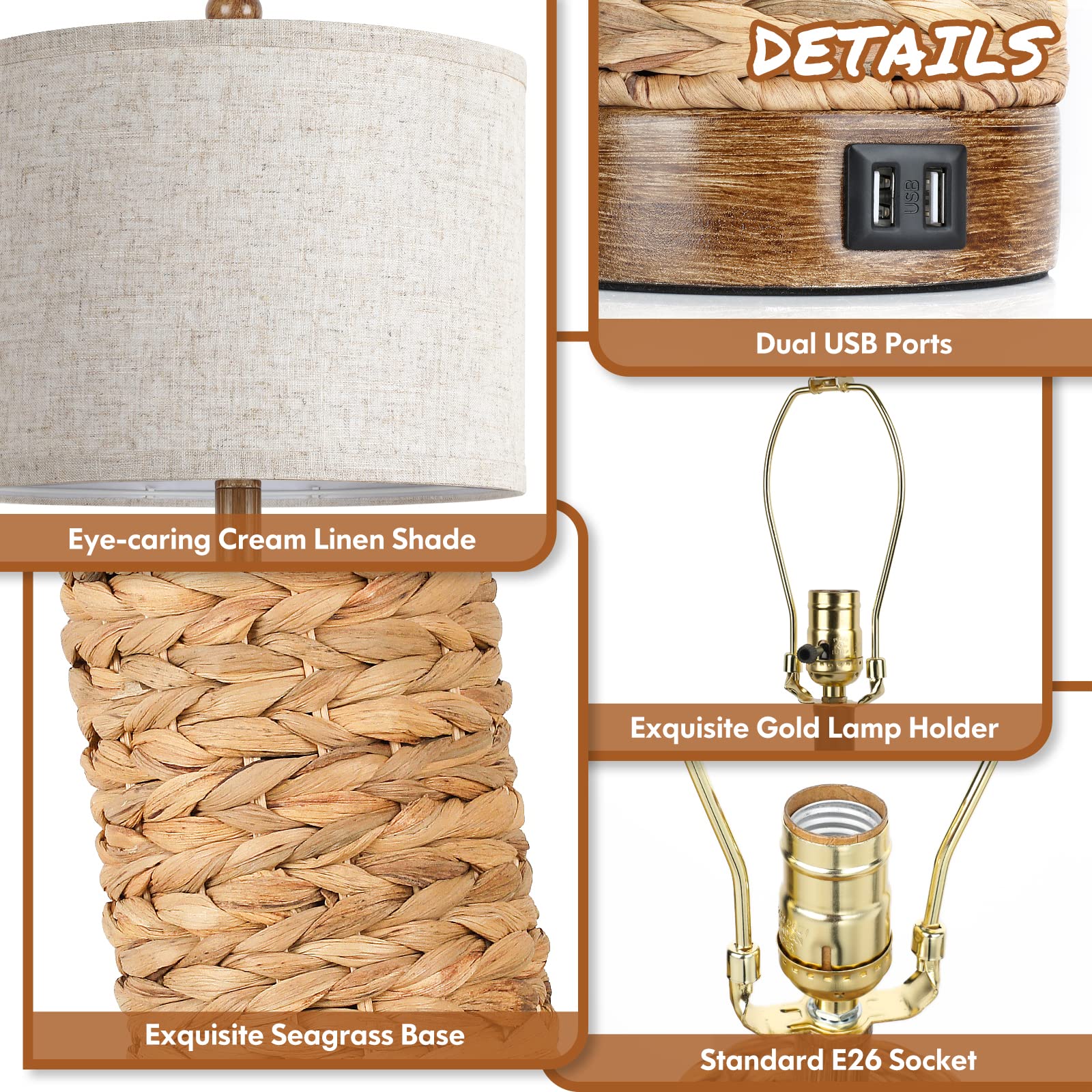 Set of 2 Rattan Table Lamps with 2 USB Ports - 27