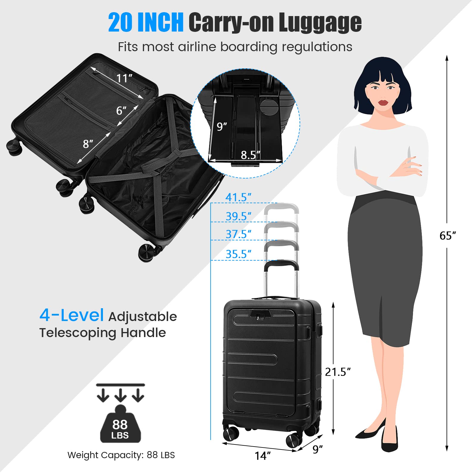 Goplus 20 Inch Hardside Carry On Luggage with USB Charging Port & TSA Lock - Lightweight PC Suitcase with Spinner Wheels, Front Pocket & Foldable Tabletop for Business Travel, Airplane Cabin & Weekend Getaways