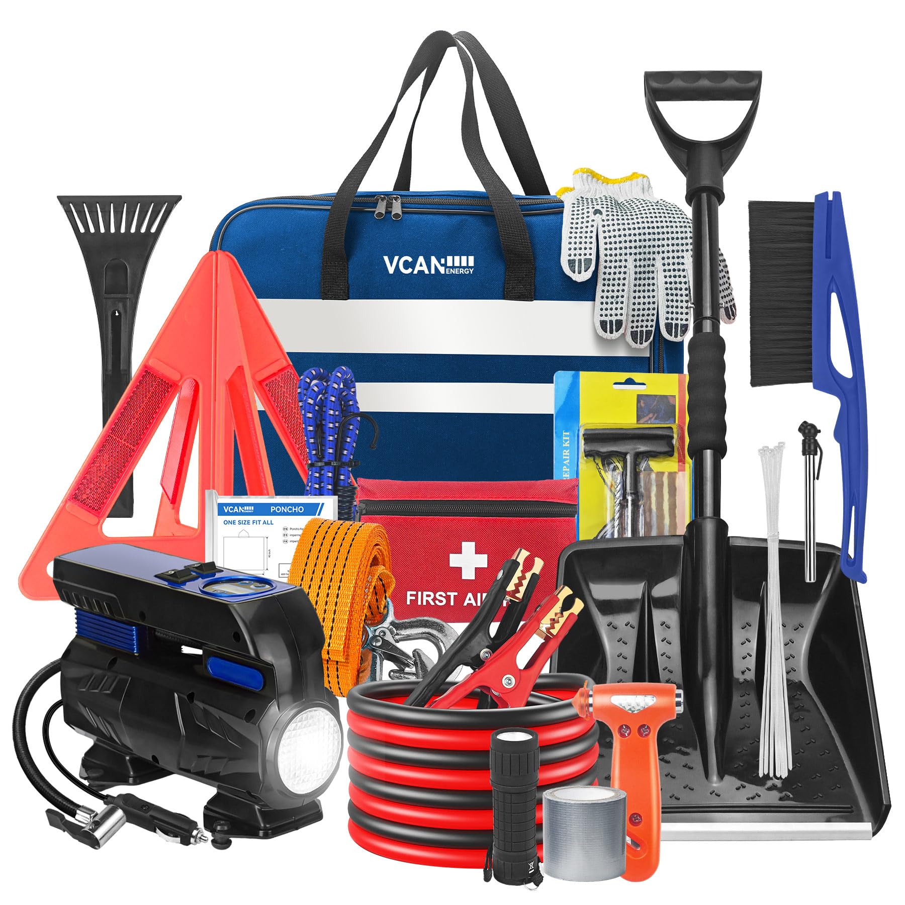 **Car Emergency Safety Kit with Digital Air Compressor, Jumper Cables, First Aid Kit & Detachable Snow Shovel – Winter Roadside Assistance for Women, Men & Teens – Perfect for Road Trips, Camping & Winter Driving**