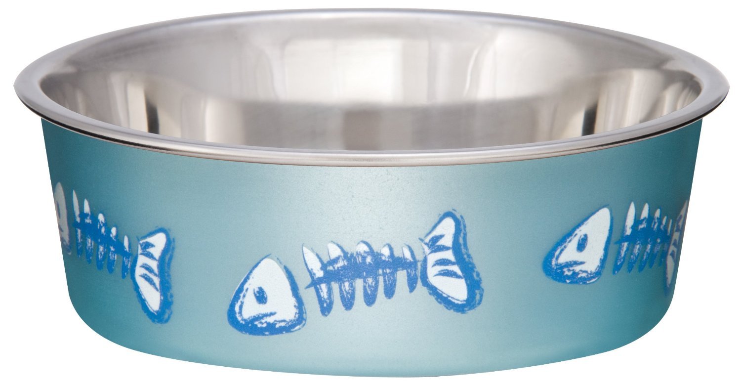 Premium Stainless Steel Cat Bowl - Bella Blue Fish Bones Design, 1 Cup Capacity - Perfect for Wet & Dry Food, Water - Durable Pet Dish for Home & Travel Use