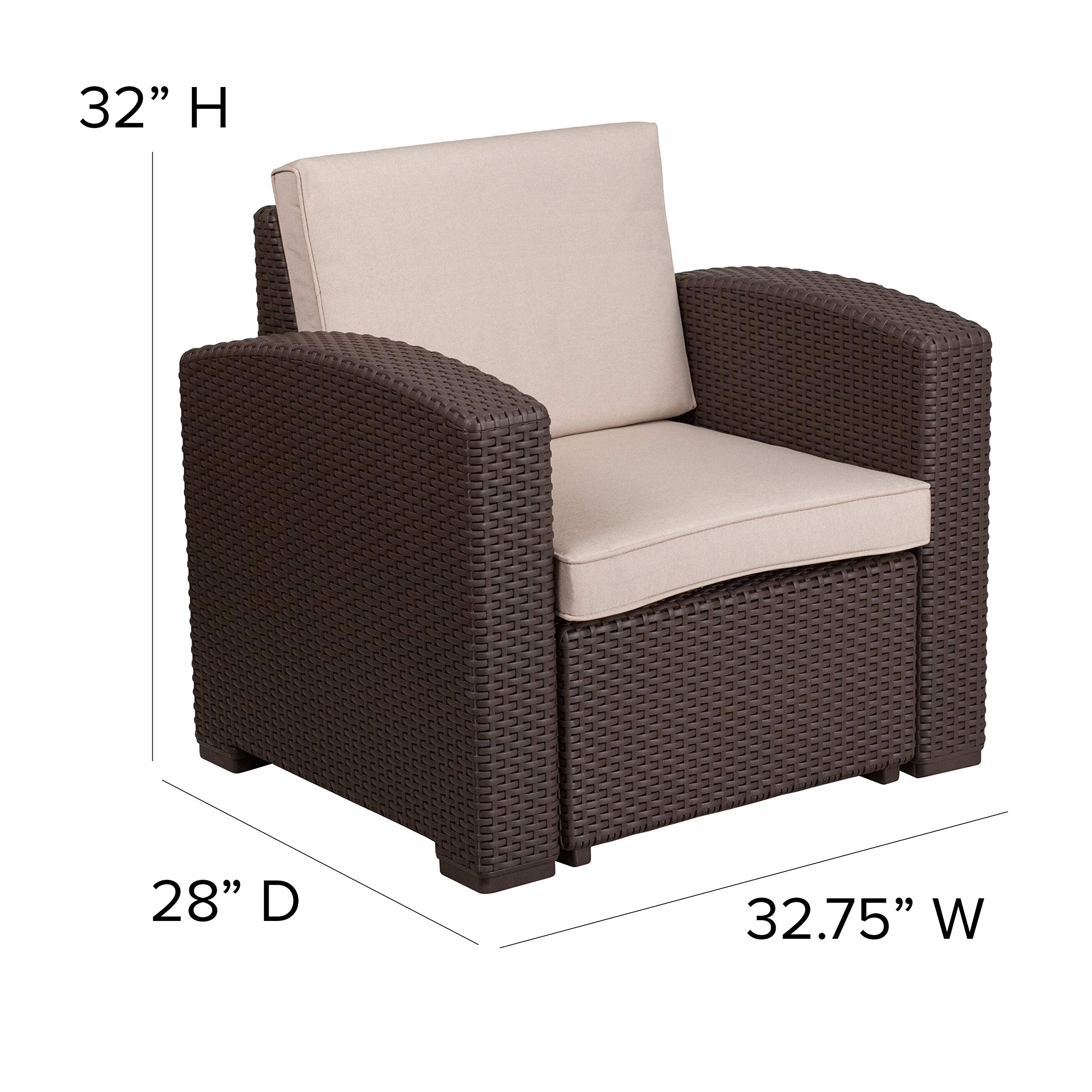 Emma & Oliver Chocolate Brown Faux Rattan Accent Chair with Beige Cushion - Boho Patio Furniture for Outdoor Garden, Porch, and Living Room Decor