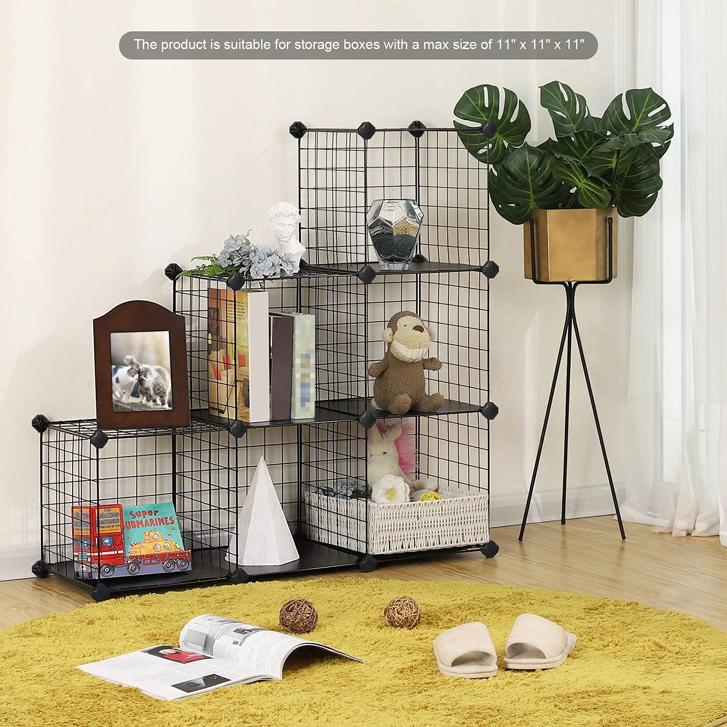 Safeplus DIY Wire Cube Storage Shelves - 6-Cube Stackable Bookcase, Closet Organizer & Grid Shelf for Home, Office, Dorm | Black | Perfect for Books, Toys, Clothes & Home Organization