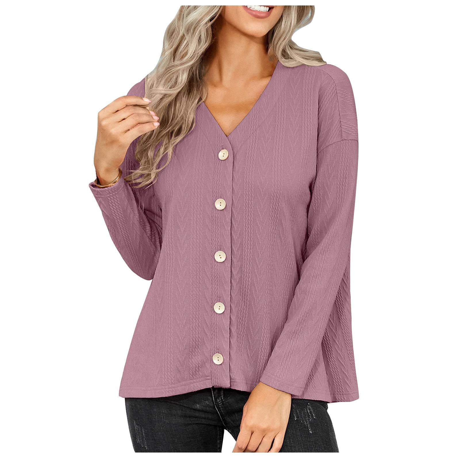 Women's Casual Button Down Long Sleeve Blouse - Solid Color Loose V-Neck Tops for Fall | Perfect for Office Wear, Weekend Outfits & Layering with Jeans