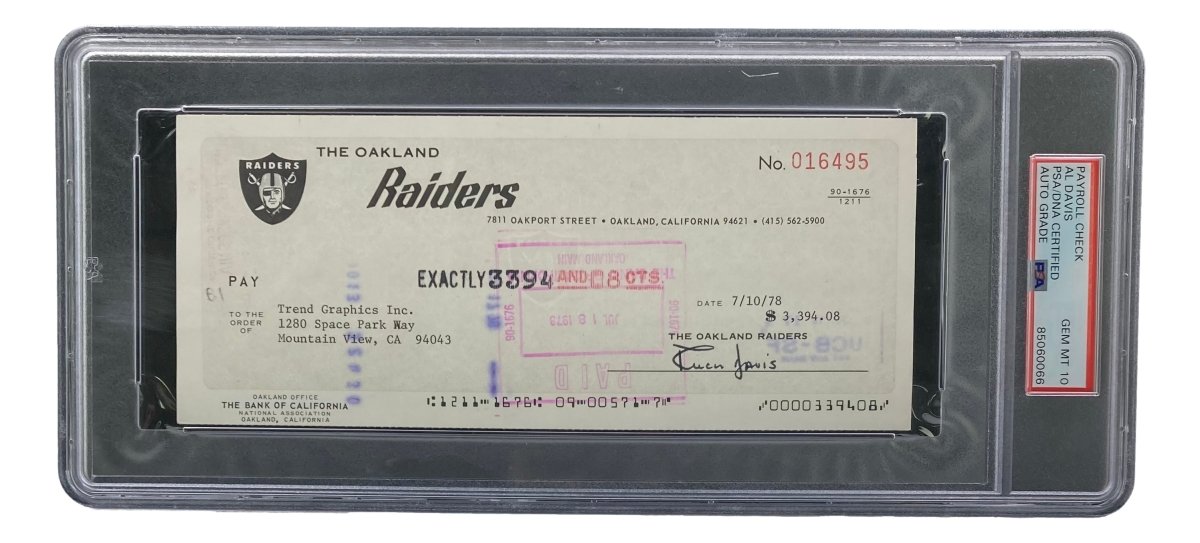 Authentic Al Davis Signed Oakland Raiders Bank Check #16495 PSA/DNA Gem MT 10 - Perfect for NFL Memorabilia Collectors & Raiders Fans Display