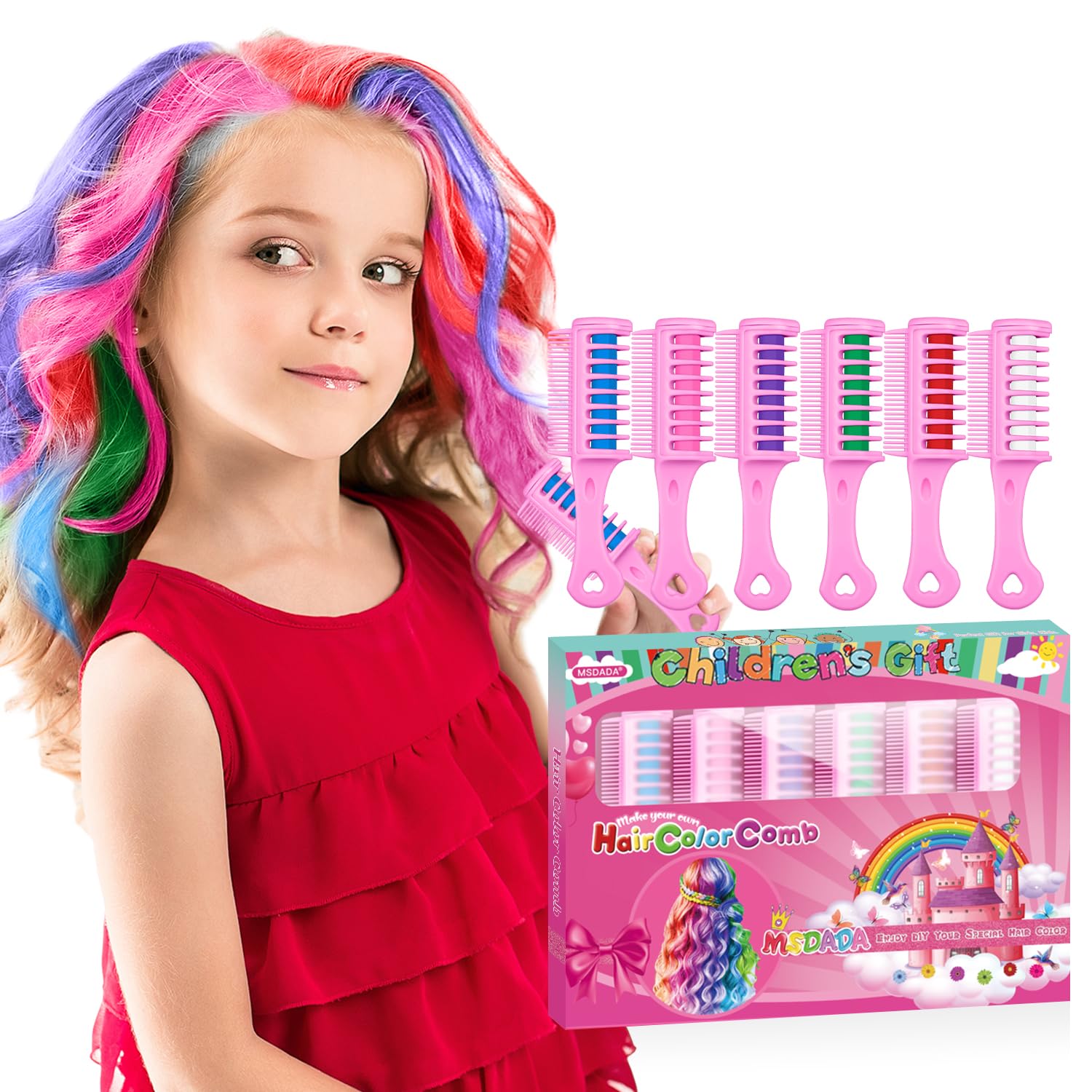 Washable Temporary Hair Color Chalk Comb for Kids & Girls - Non-Toxic Hair Dye for Ages 5-10 (Blue, Pink, Purple, Green, Red, White) | Perfect for Birthday Parties, Cosplay, DIY Projects & Children's Day Celebrations