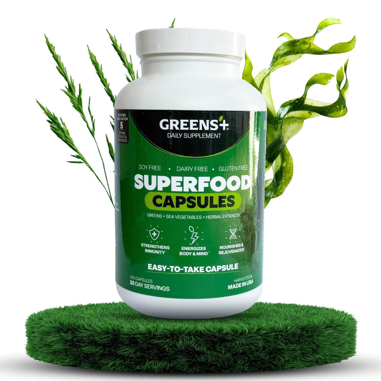 Organic Superfood Capsules - Greens+ with Spirulina, Chlorella, Alfalfa & Wheat Grass | Vegan, Non-GMO, Gluten-Free Multivitamin Supplement (240 Count) for Energy Boost, Detox & Immune Support - Perfect for Active Lifestyles & Daily Wellness