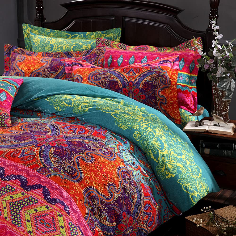 Exotic Boho Duvet Cover Set King/California King Size - 100% Brushed Cotton Soft Bohemian Bedding with Red Teal Mandala Print & Reversible Striped Design - Includes Zipper Comforter Cover + 2 Pillowshams - Perfect for Bohemian Bedroom Decor, Guest Room Makeover & Cozy Home Styling