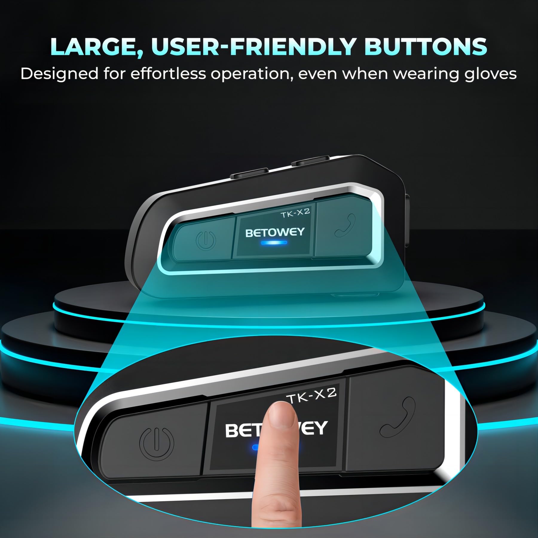 BETOWEY TK-X2 Motorcycle Bluetooth Headset - Helmet Intercom Communication System with FM Radio & Dual Microphones for Snowmobile, ATV, Dirt Bike - Perfect for Group Riding, Adventure Tours & Off-Road Communication