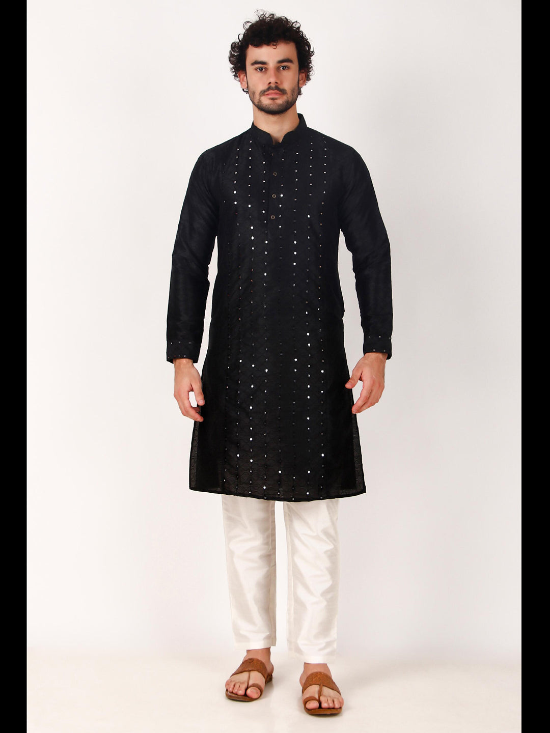 Black Kurta Pajama with Mirror Embroidery - Traditional Indian Ethnic Wear for Men - Perfect for Weddings, Festivals & Cultural Events
