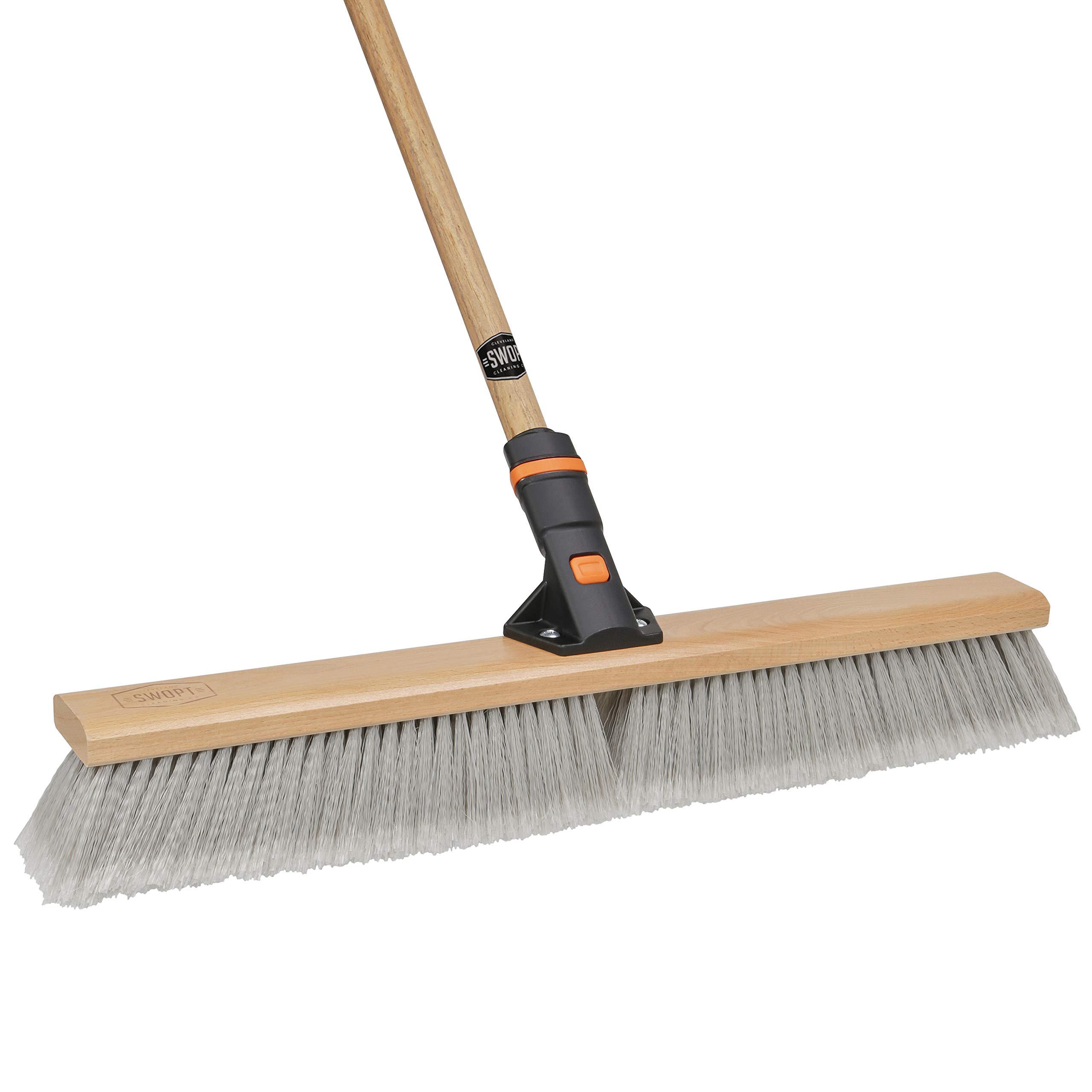 SWOPT 24 Inch Premium Push Broom with Smooth Surface & 60 Inch EVA Foam Comfort Grip Wooden Handle - Interchangeable Cleaning Head Compatible with All SWOPT Products - Heavy Duty Floor Sweeper for Garage, Warehouse, and Outdoor Cleaning