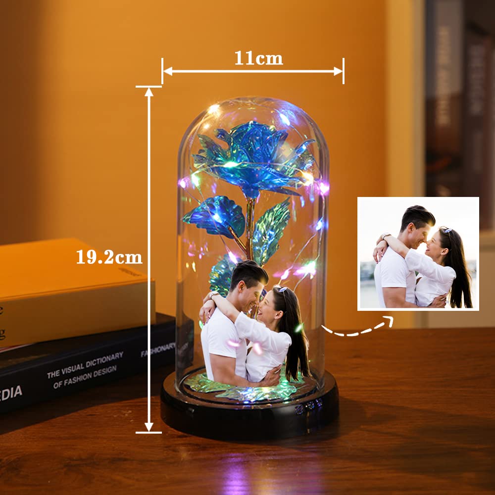 Custom Photo LED Rose in Glass Dome - Personalized Artificial Flower Gift for Women, Valentine's Day, Mother's Day, Birthday & Anniversary - Romantic Home Decor & Special Occasion Present