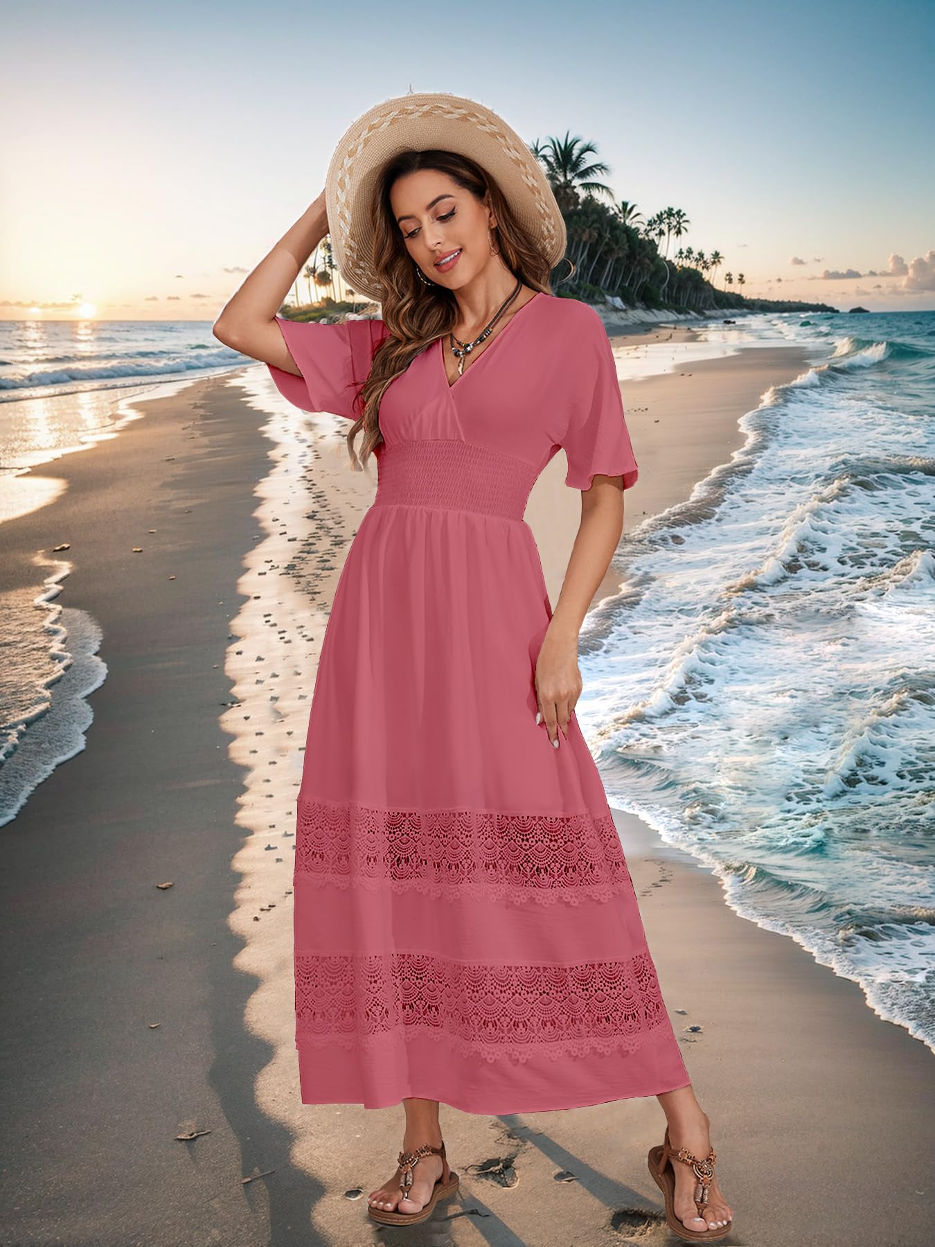 Boho Maxi Dress for Women 2025 - Summer V Neck Lace Wedding Guest Dress with Smocked Waist | Bohemian Long Flowy Dresses for Beach, Party & Special Occasions