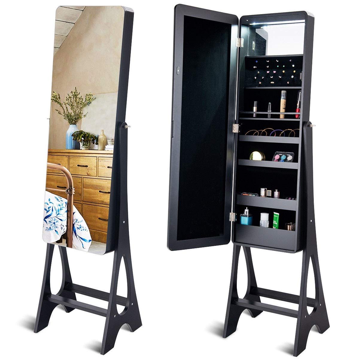 WATERJOY Solid LED Jewelry Armoire Organizer with Full-Length Mirror - 3-Angle Adjustable Standing Jewelry Cabinet with Bevel Edge Mirror - Perfect for Bedroom, Dressing Room & Closet Organization