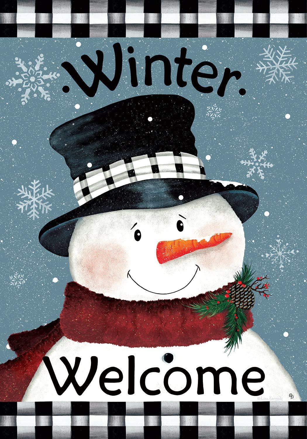Black & White Snowman Winter Welcome Garden Flag - Decorative Holiday Yard Sign for Christmas & Winter Season - Perfect for Front Porch, Lawn, and Outdoor Decor