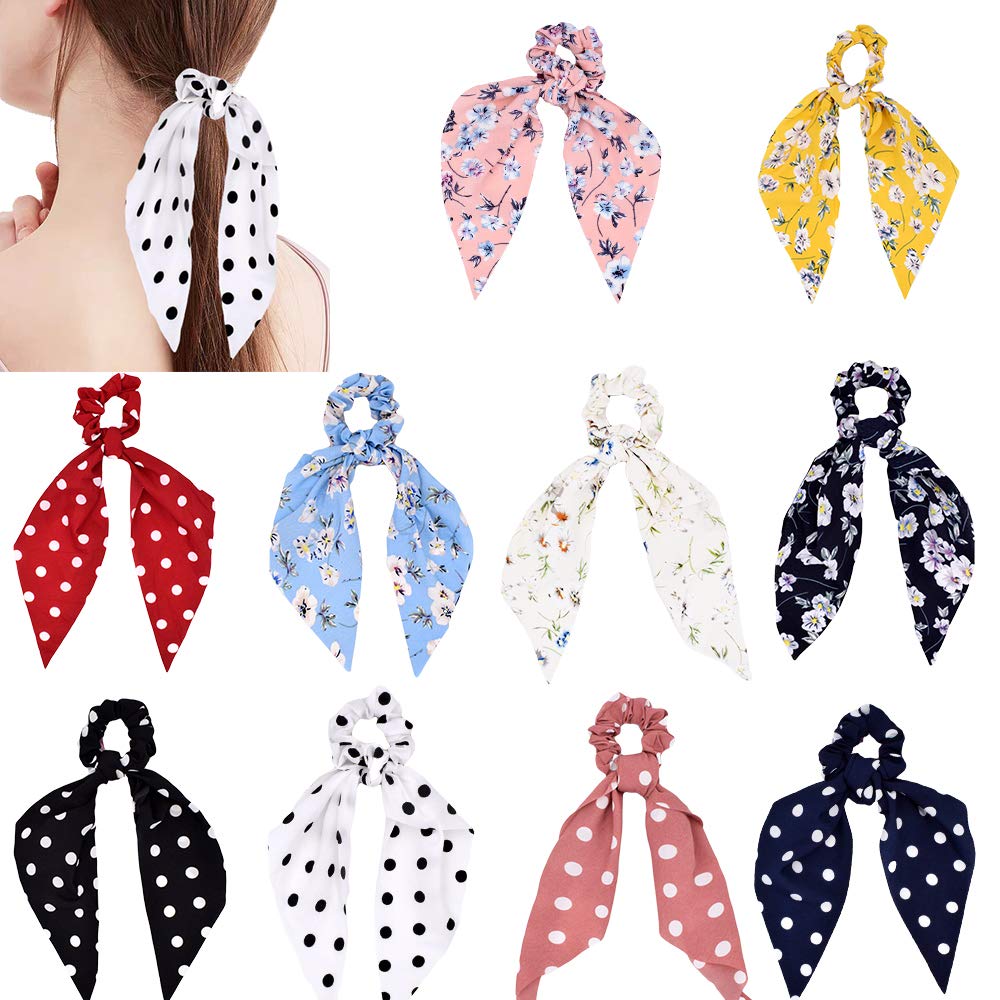 DINPREY 10 Pcs Chiffon Hair Scrunchies - Soft Elastic Hair Bands & Floral Scarf Hair Ties for Women & Girls (2-in-1 Vintage Ponytail Holder, 10-Piece Set Combination-A) - Perfect for Everyday Wear, Work, Parties & Gifts