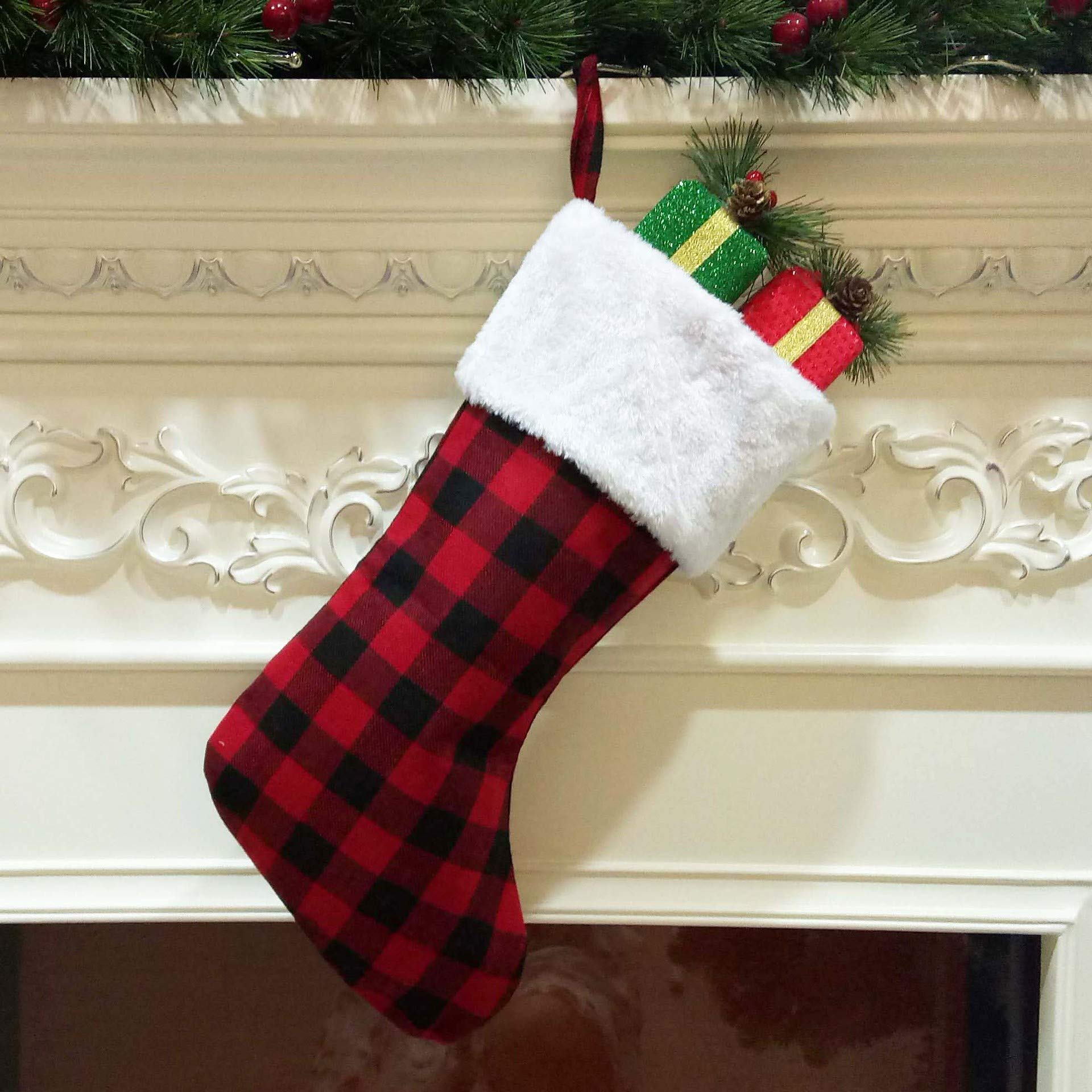 16.5 Inch Buffalo Plaid Christmas Stockings Set of 3 - Soft Plush Cuff Rustic Holiday Decor for Family, Xmas Party & Fireplace Mantel (Red/Black Buffalo Plaid Pattern) - Perfect for Gift Giving, Home Decor & Christmas Tree Decoration