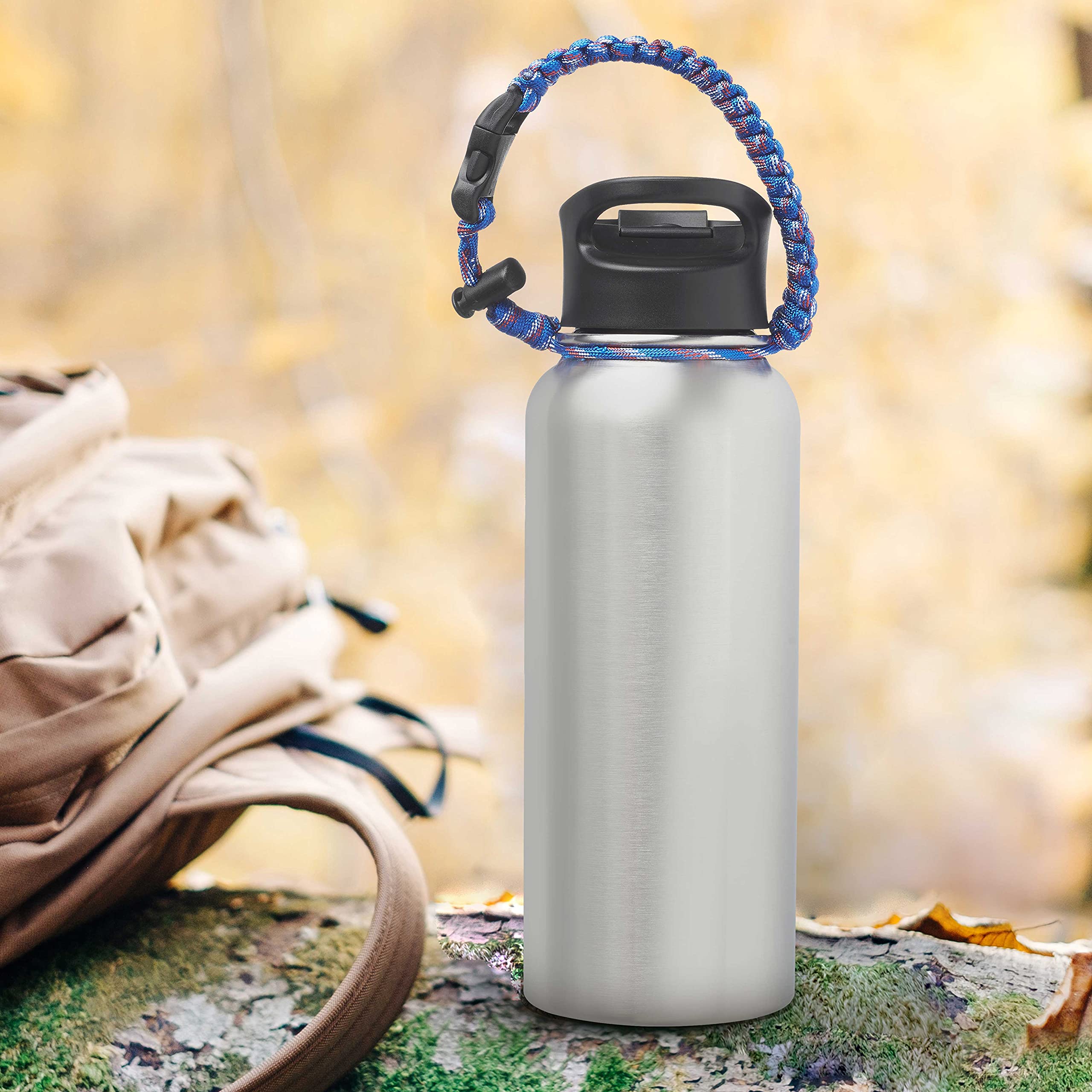 6 Pack Vulcan Stainless Steel Water Bottles 34oz - Double Wall Vacuum Insulated Silver Water Bottle with Strap - Leakproof & Sweatproof for Gym, Hiking, Camping, Office & Outdoor Activities