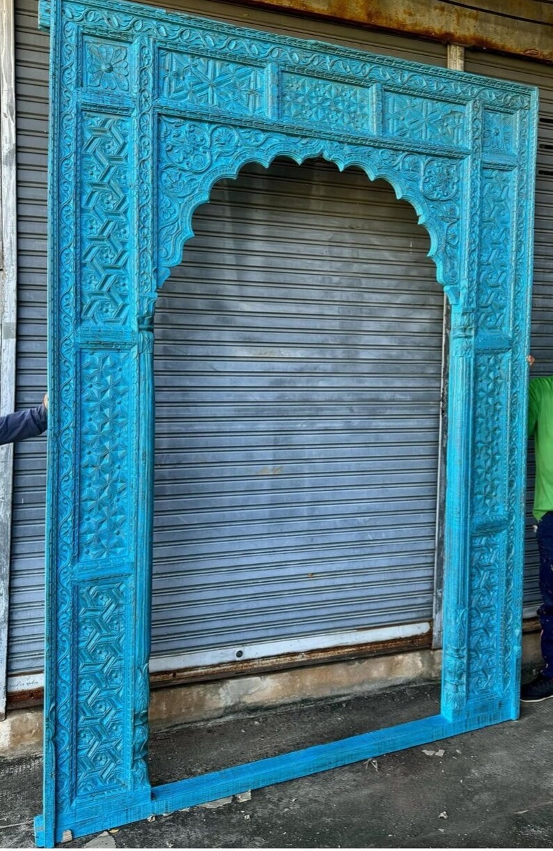 Handmade Carved Indian Jharokha Solid Hardwood Large Blue Arch Window Frame - Perfect for Home Decor, Wall Art, and Traditional Indian Interior Design