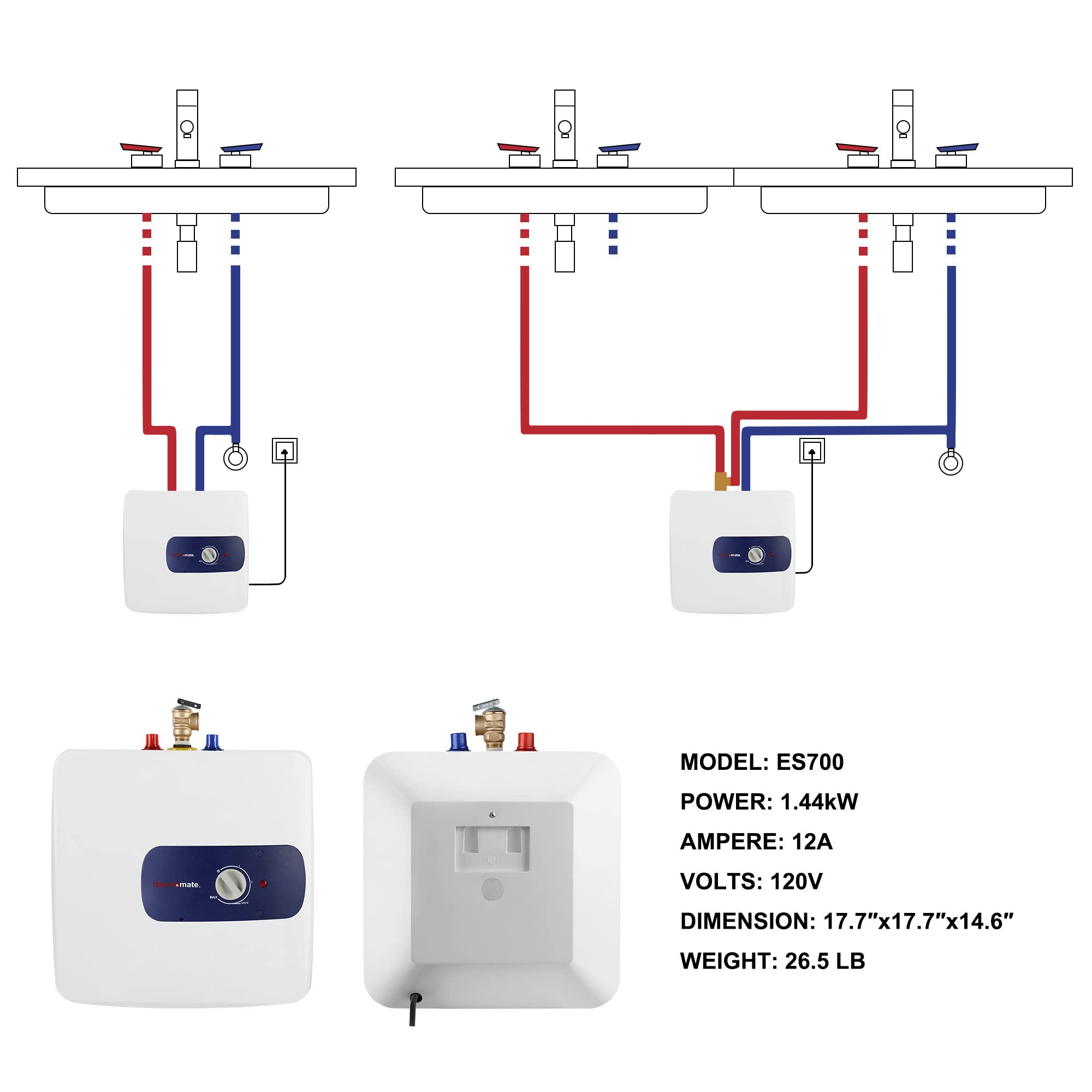 Thermomate 6.5 Gallon Electric Mini Tank Water Heater - 120V 1440W Instant Hot Water System for Kitchen, Bathroom & RV - Wall or Floor Mounted, UL Certified ES700 (Point of Use, Energy Efficient)