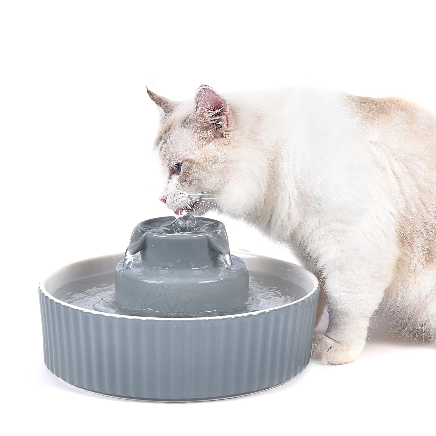 Premium Ceramic Cat Water Fountain - 2.1L Automatic Pet Drinking Fountain for Cats & Dogs with 3-Stage Filtration System (Includes Replacement Filters & Foam) - Grey - Perfect for Home, Office & Veterinary Use
