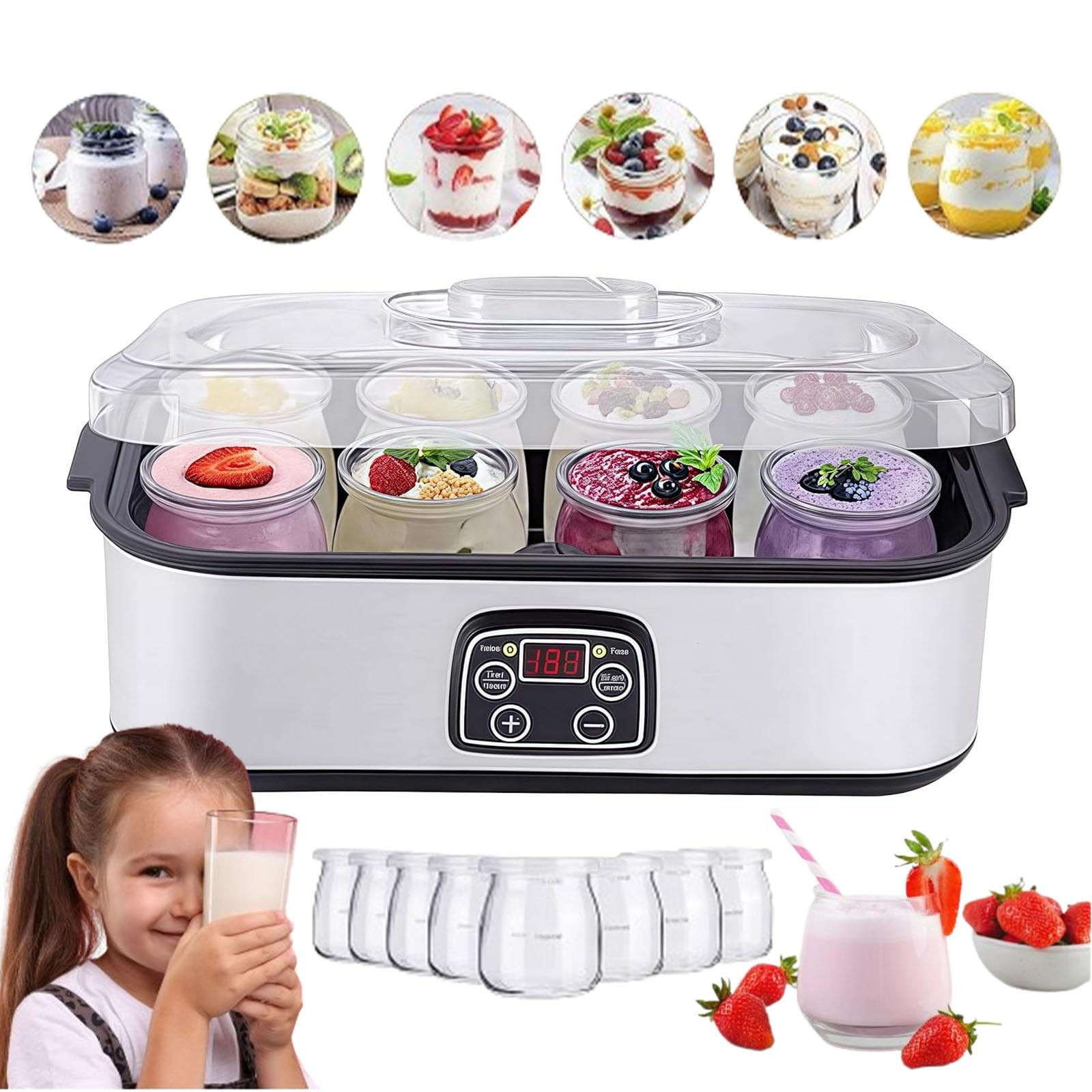 Electric Yogurt Maker Machine with Adjustable Temperature & Timer - 1400ml Stainless Steel Probiotic Yogurt Maker with 8 Glass Jars - Perfect for Homemade Greek Yogurt, Probiotic Drinks & Healthy Breakfasts