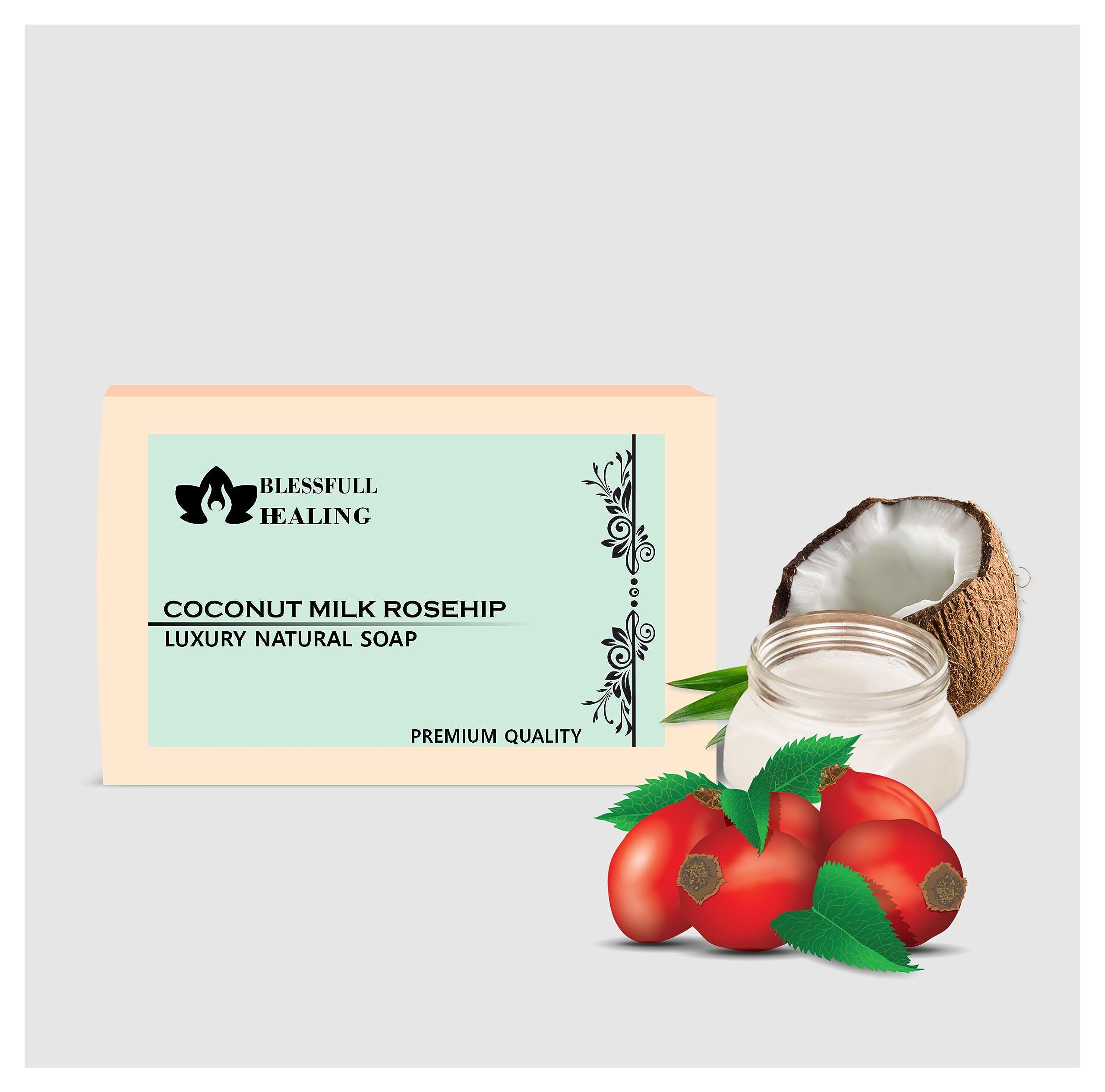 Premium Coconut Milk & Rosehip Handmade Natural Soap Bar - 125g/4.4oz - Moisturizing & Nourishing for Dry & Sensitive Skin - Perfect for Daily Face & Body Cleansing, Spa & Gift Giving