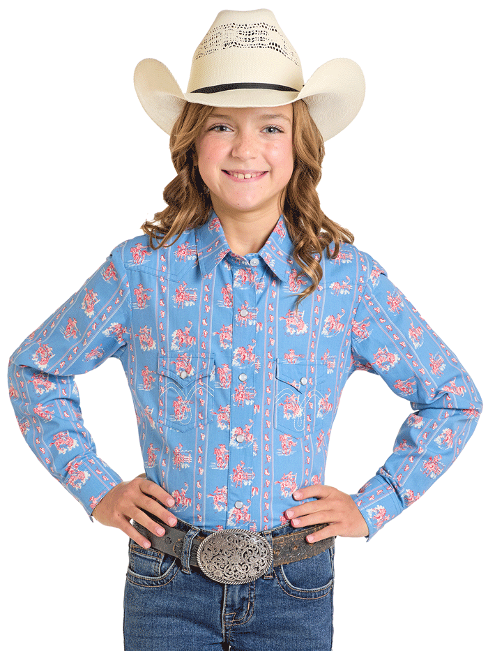 Panhandle LGN2S06805 Girls' Light Blue Long Sleeve Snap Button Shirt - Perfect for School, Playdates & Casual Outings
