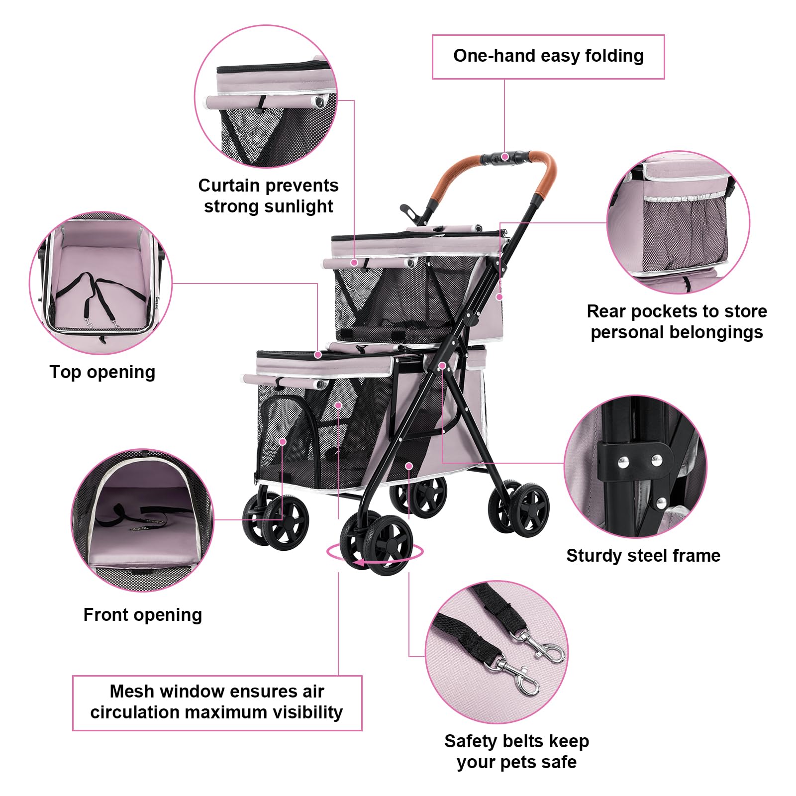Double Pet Stroller for Dogs and Cats - Lightweight Foldable Travel Carrier with 4 Wheels for Small & Medium Pets (Pink) | Perfect for Park Walks, Vet Visits & Shopping Trips