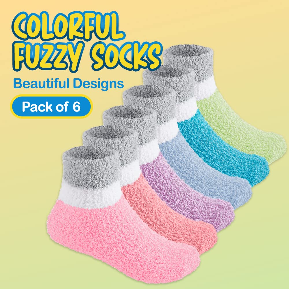 Debra Weitzner 6 Pairs Warm Fuzzy Socks for Kids with Non-Slip Grippers - Cozy Toddler Slipper Socks for Indoor Play, Winter Comfort & Home Wear