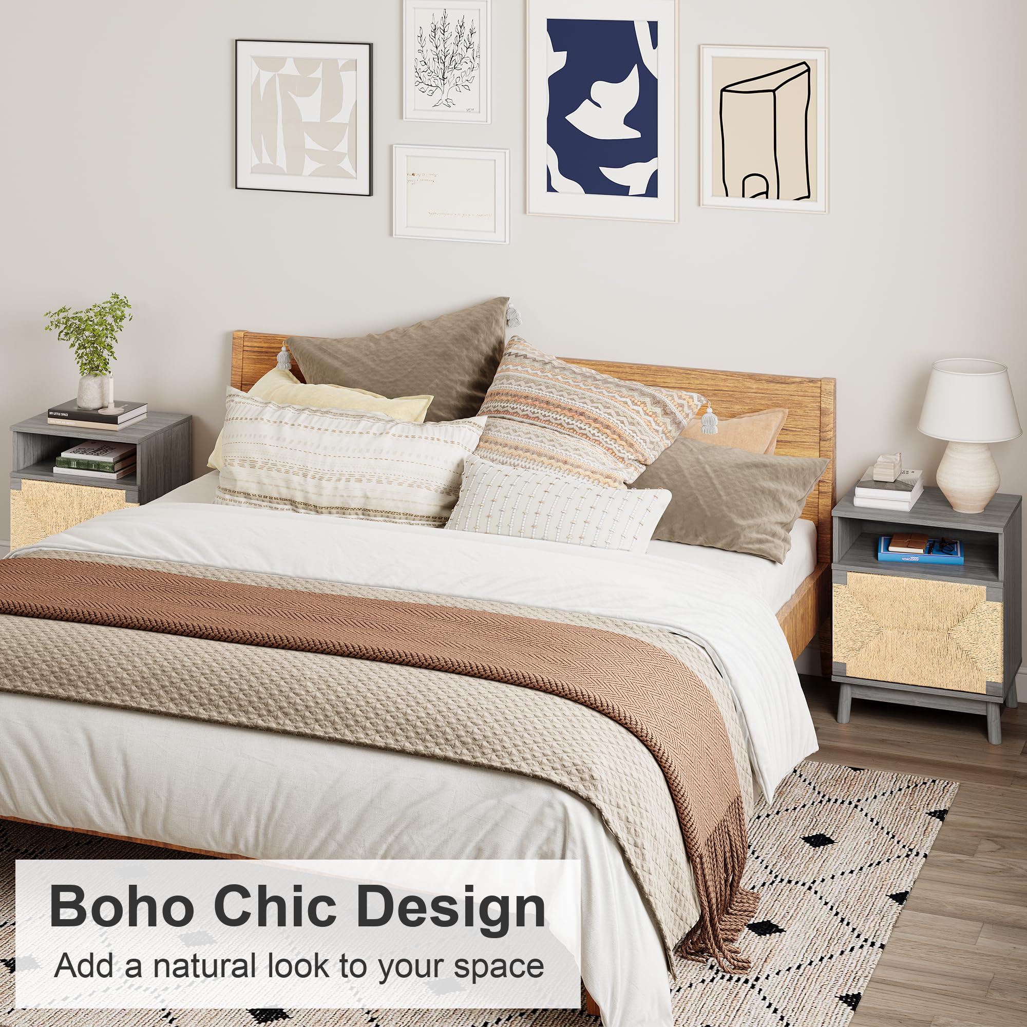 XIAO WEI Large Night Stand Set of 2 - Hand-Woven Natural Paper Rope Doors Boho Bedside Tables - Grey Accent End Tables for Bedroom, Living Room & Dorm Decor