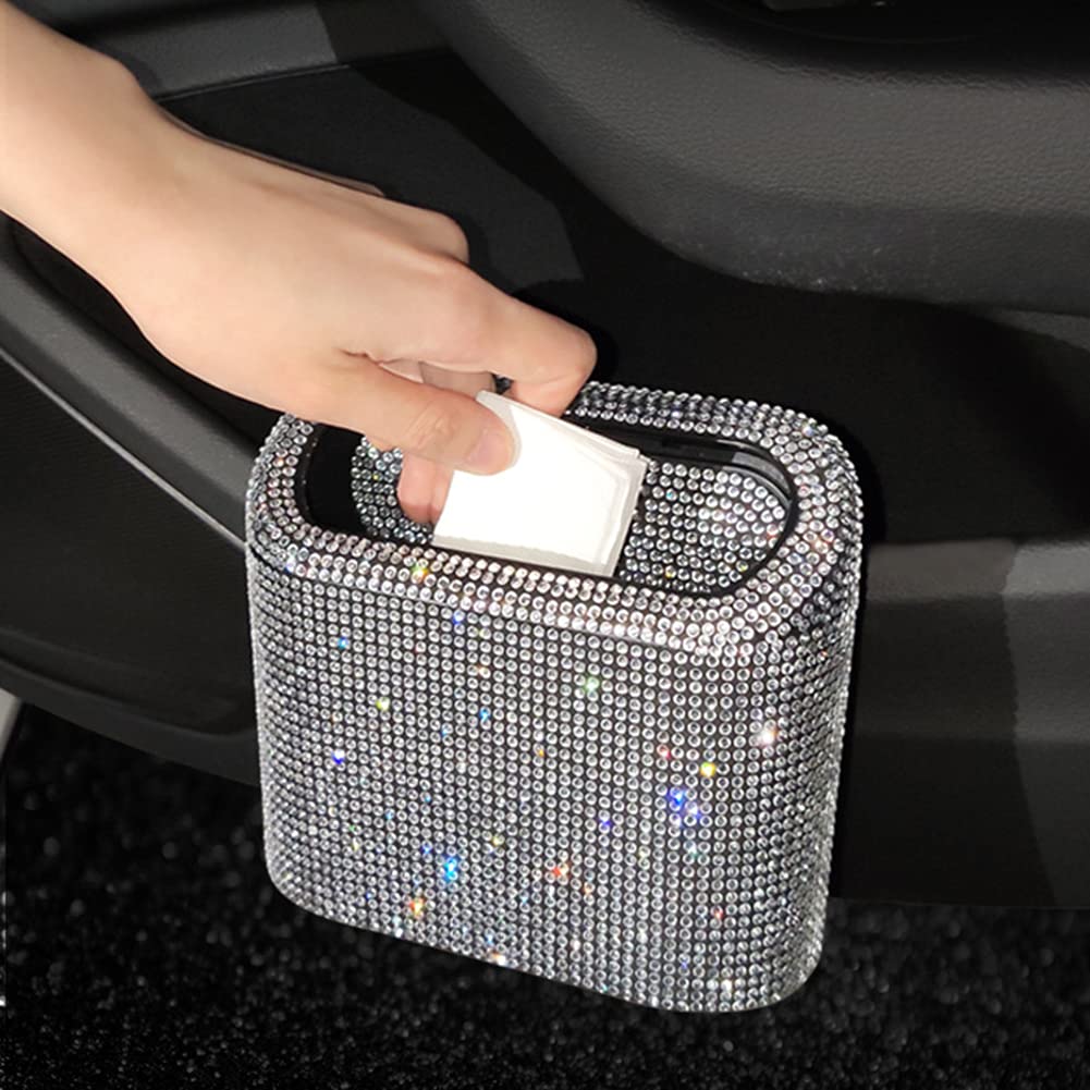 Bling Car Trash Can - Small Leakproof Hanging Garbage Bin with Lid & Rhinestone Design (White) | Perfect for Cars, Offices, Bedrooms & Travel | Multipurpose Storage Container