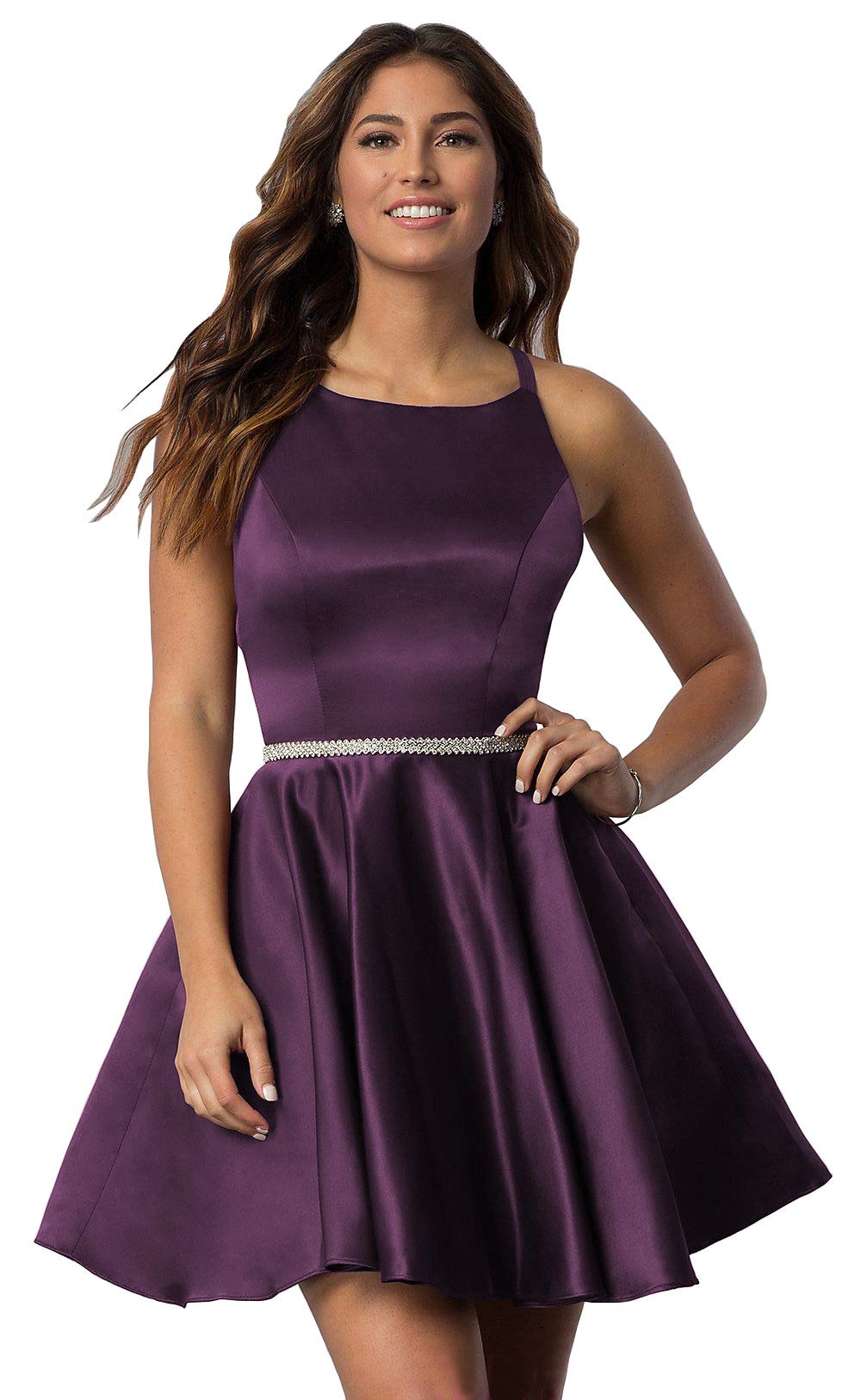 POMUYOO Women's Elegant Beaded Satin Prom Dress - Scoop Neck Short Homecoming Dress with Pockets | Perfect for Parties, Dances & Special Occasions