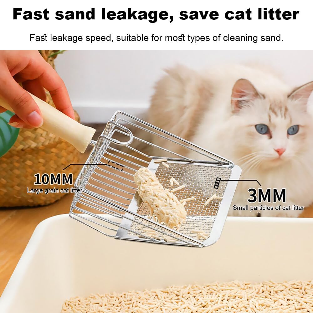Premium Metal Cat Litter Scoop with Heavy Duty Design & Beech Wood Handle - Durable Litter Box Scooper with Speed Sifter for Quick Cleaning - Perfect for Multi-Cat Homes & Large Litter Boxes