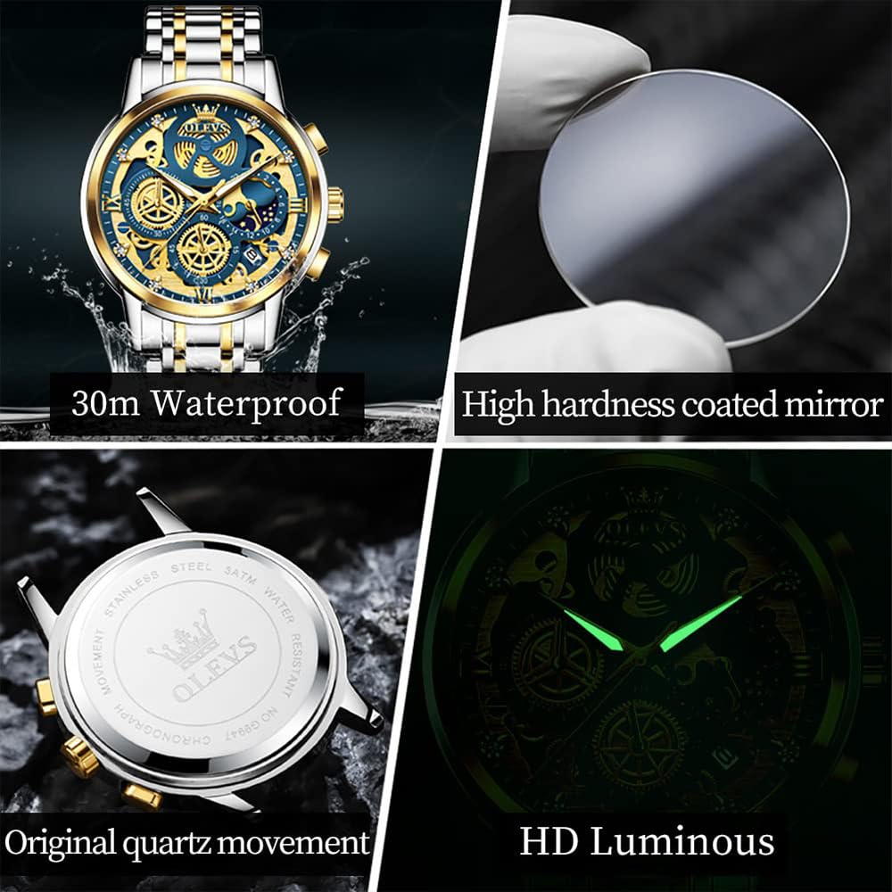 OLEVS Men's Skeleton Stainless Steel Chronograph Watch - Waterproof Analog Wristwatch with Date Display | Luxury Business Dress Watch for Men (Blue/Black/Gold/White) | Perfect for Office, Formal Events & Everyday Wear