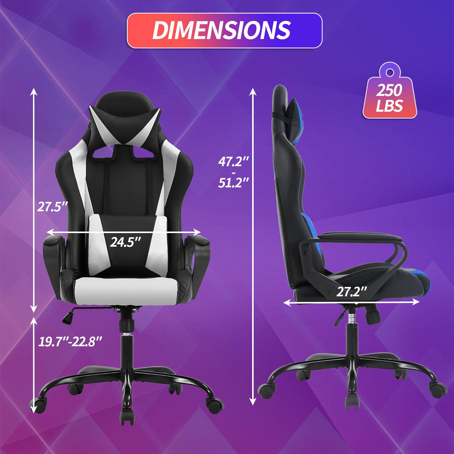Ergonomic Gaming Chair for Adults & Kids - High Back Office Computer Chair with Adjustable Height, Lumbar Support, Headrest & Reclining Function - Perfect for Gaming, Working & Studying - White