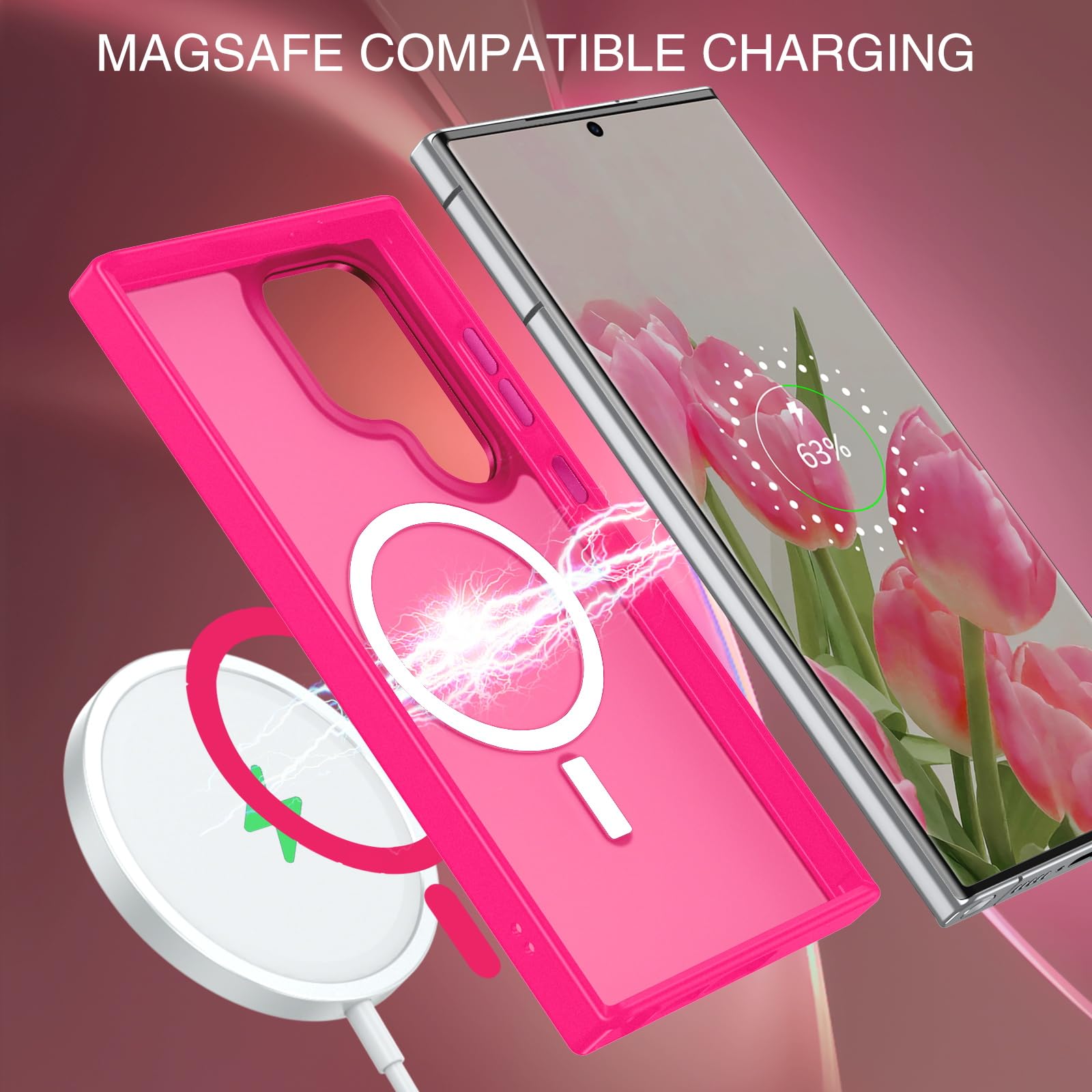 Samsung Galaxy S23 Ultra Magnetic Phone Case - Slim Translucent Matte Shockproof Cover [Magsafe Compatible] | Protective Case for Women & Men | Perfect for Work, Travel & Everyday Use | Hot Pink