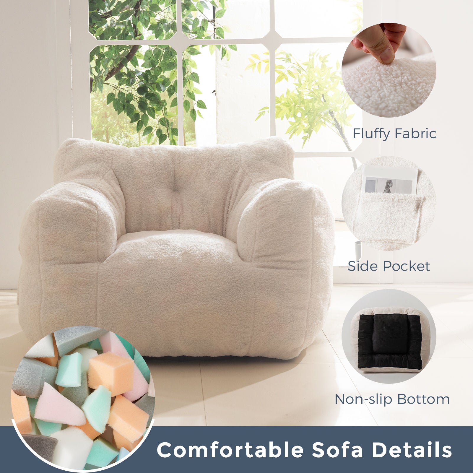MAXYOYO Sherpa Bean Bag Chair - Boucle Tufted Bean Bag Couch for Living Room, Bedroom & Game Room - Soft Lazy Sofa for Adults & Kids - Cozy Beige Lounge Seating for Relaxing, Reading & Movie Nights